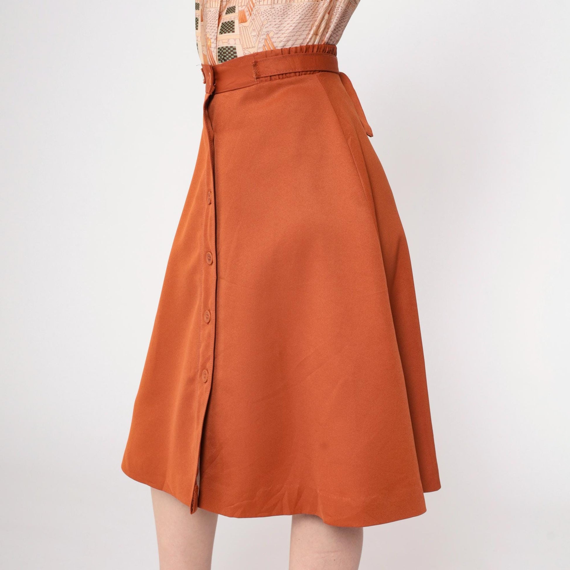 70s Bobbie Brooks Three-Piece Set Rust Brown Scenic Print Blouse Vest Midi Skirt Extra Small