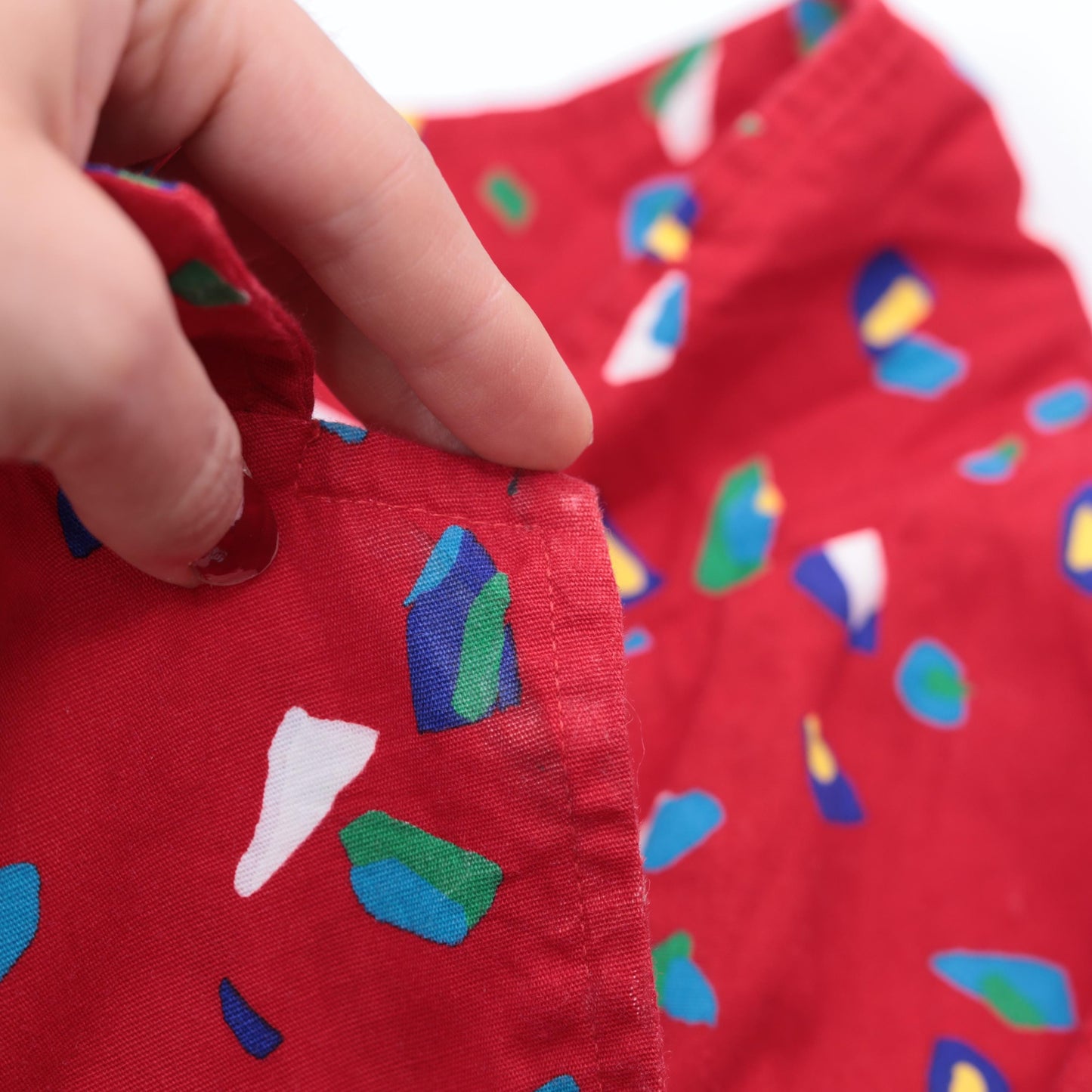 80s Red Confetti Print Midi Shirtdress Button Up High Waist Cap Sleeve Small