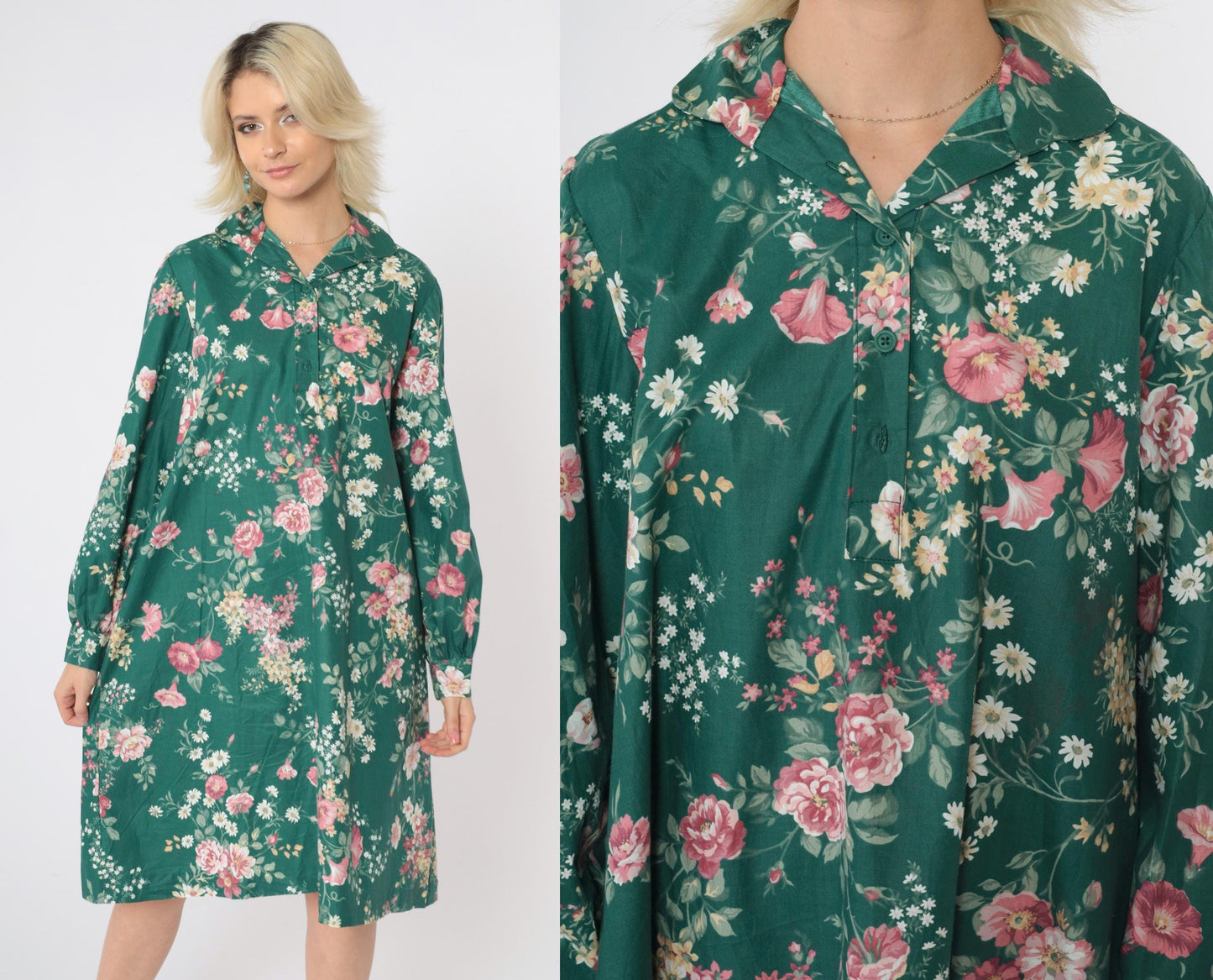 1970s Green Floral Shirt Dress Knee-Length Button-Up Collar Long Sleeve Medium Large