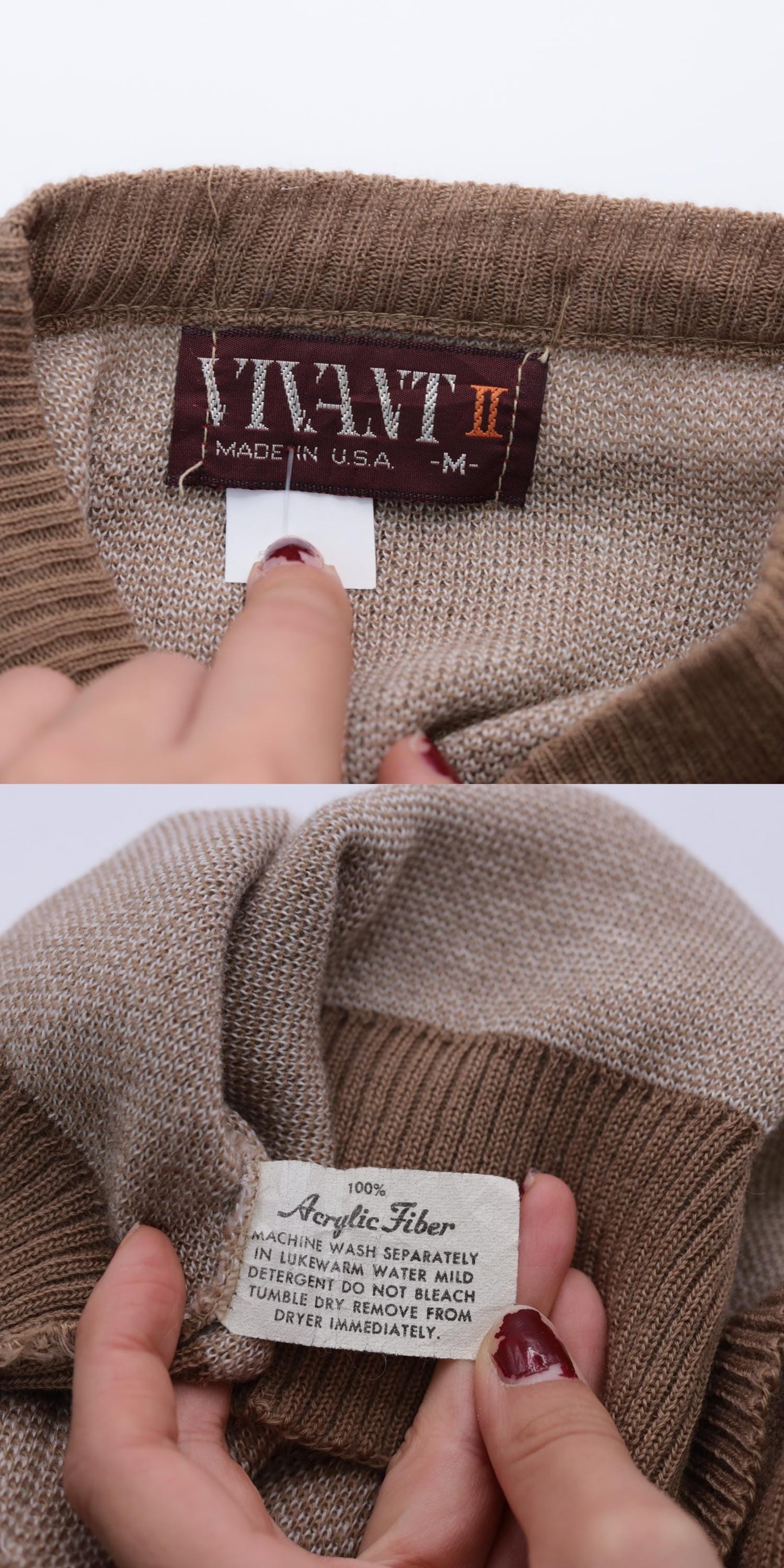 80s Tan Striped V-Neck Sweater Pullover Knit Small