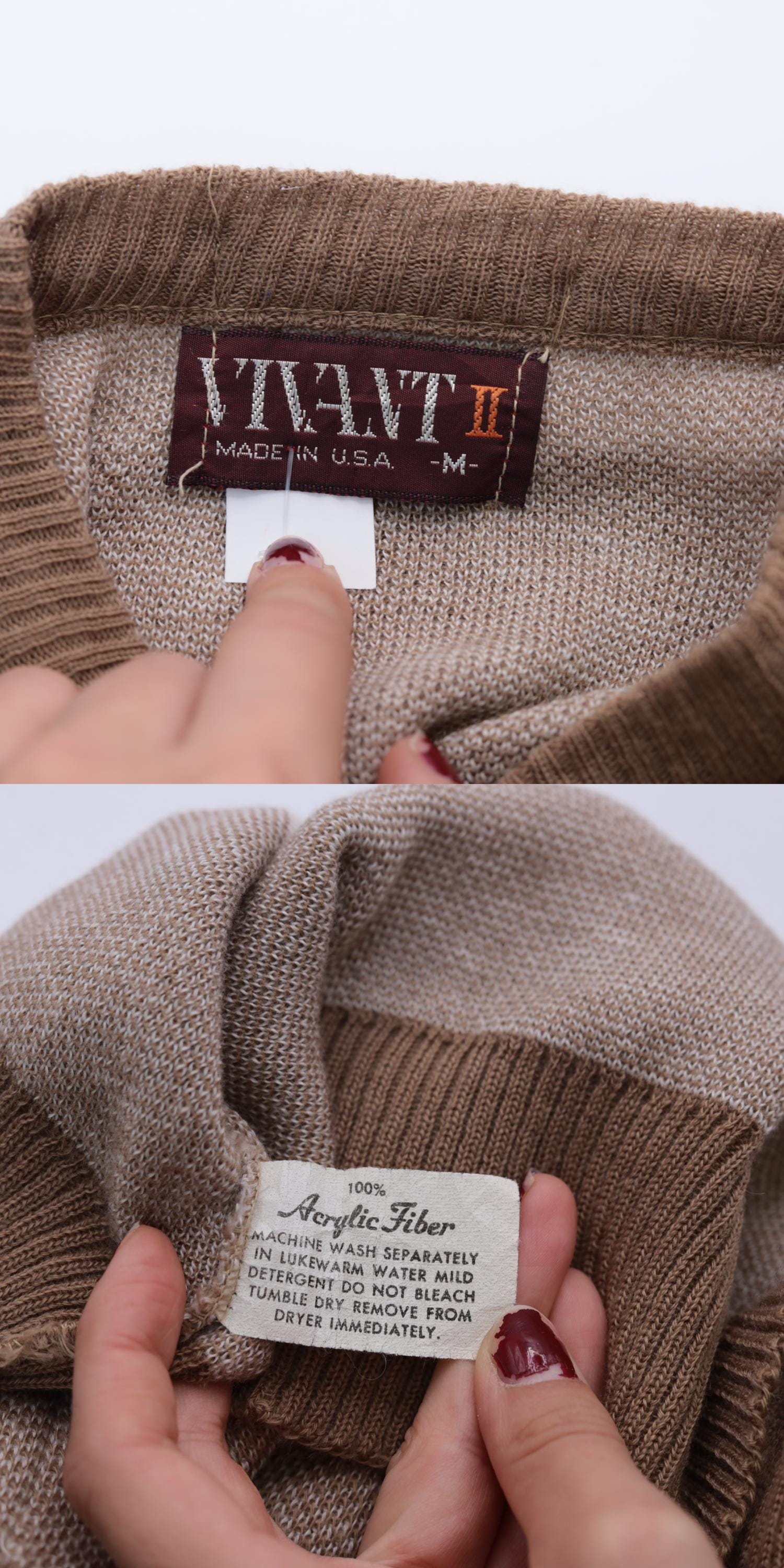80s Tan Striped V-Neck Sweater Pullover Knit Small