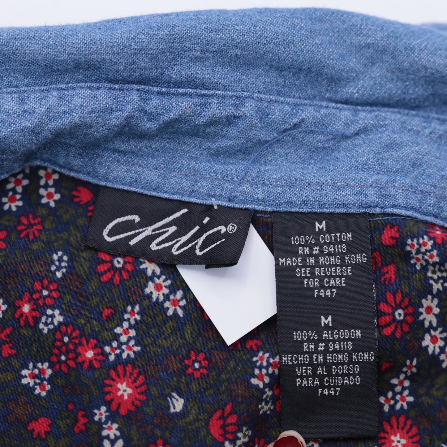 90s Floral Button-Up Blouse Red Green Blue Denim Collar Cotton Medium