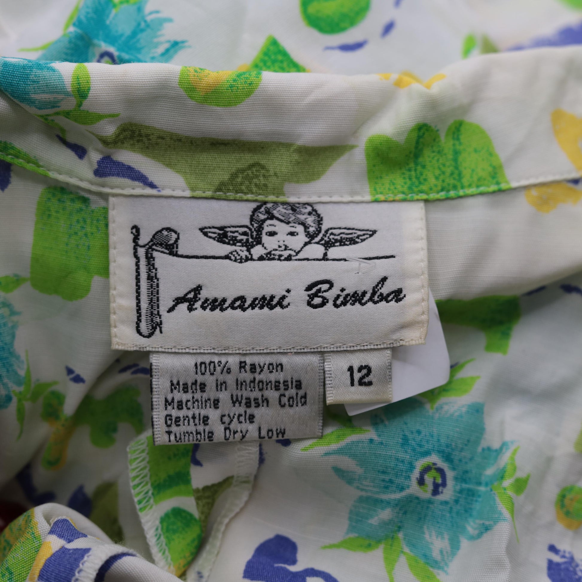 90s Floral Button-Up Dress White Green Blue Rayon Ankle Length Medium M