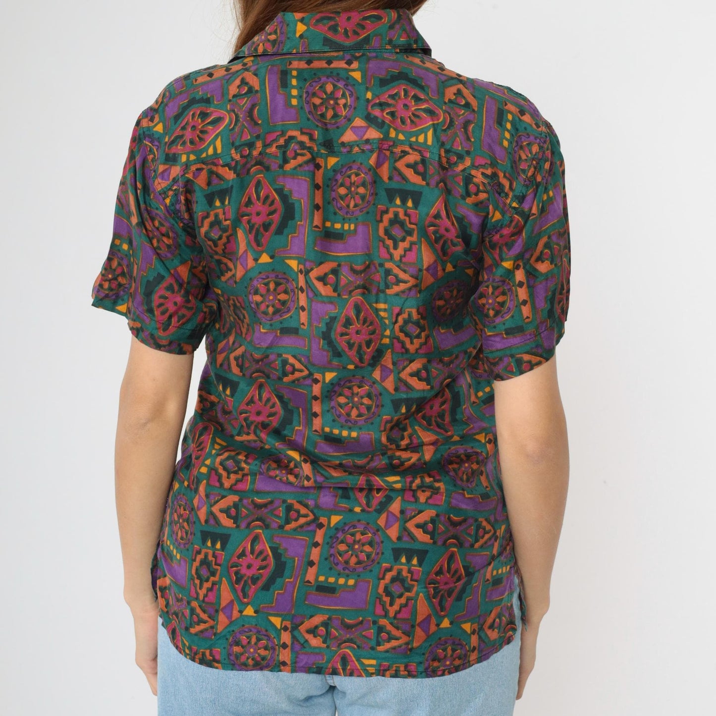 90s Robert Stock Silk Button Up Geometric Print Purple Green Short Sleeve Extra Small