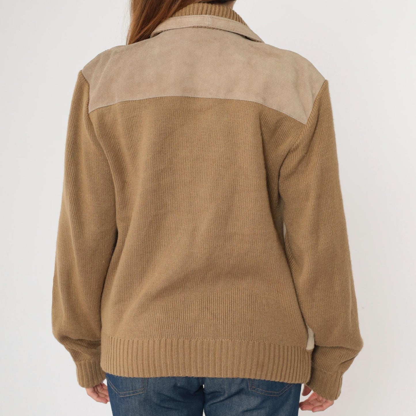 80s Tan Suede Striped Bomber Jacket Brown Leather Zip Knit Large L