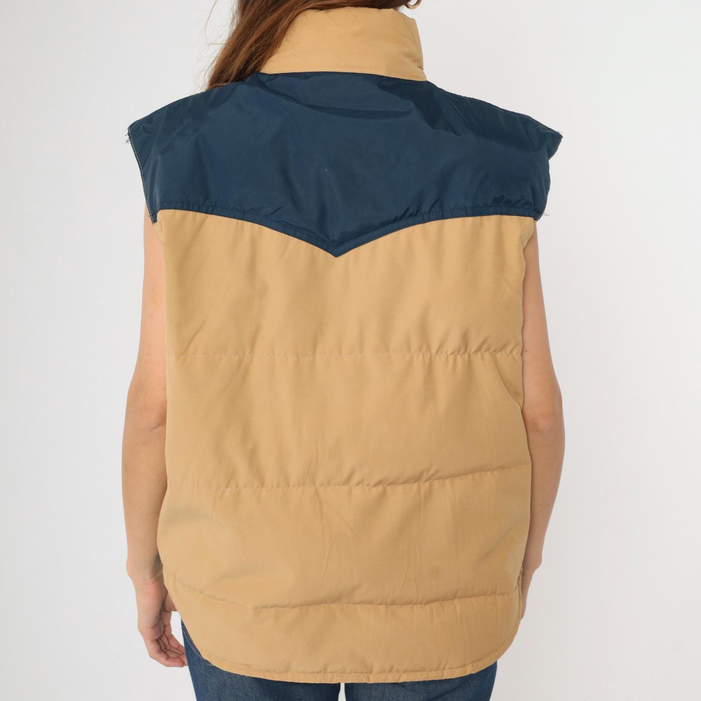80s Goose Down Puffer Vest Tan Navy Yoke Colour Block Ski Sleeveless Large L