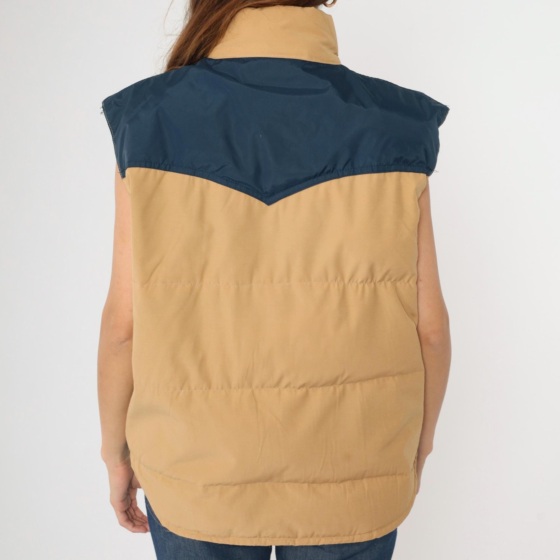 80s Goose Down Puffer Vest Tan Navy Yoke Colour Block Ski Sleeveless Large L