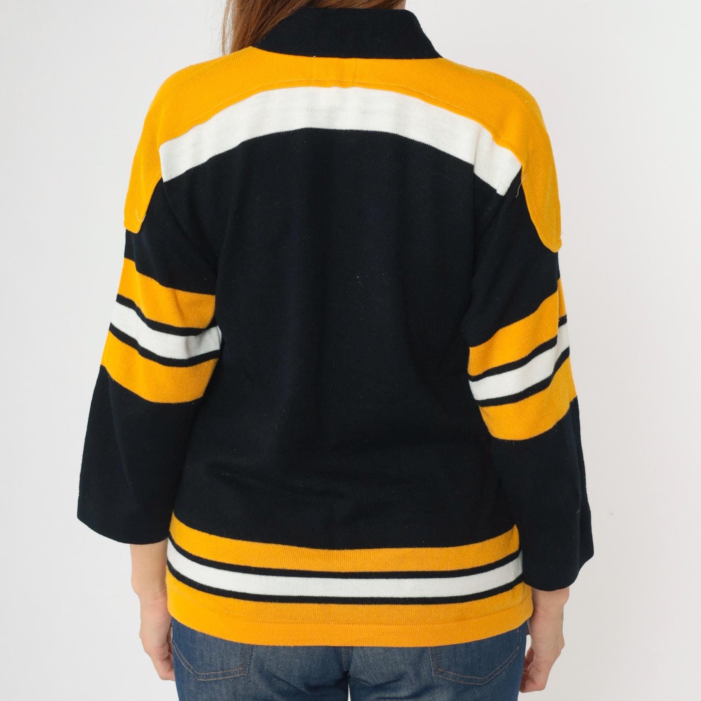 70s Franklin Hockey Jersey Sweater Black Gold Striped Lace-Up Large L