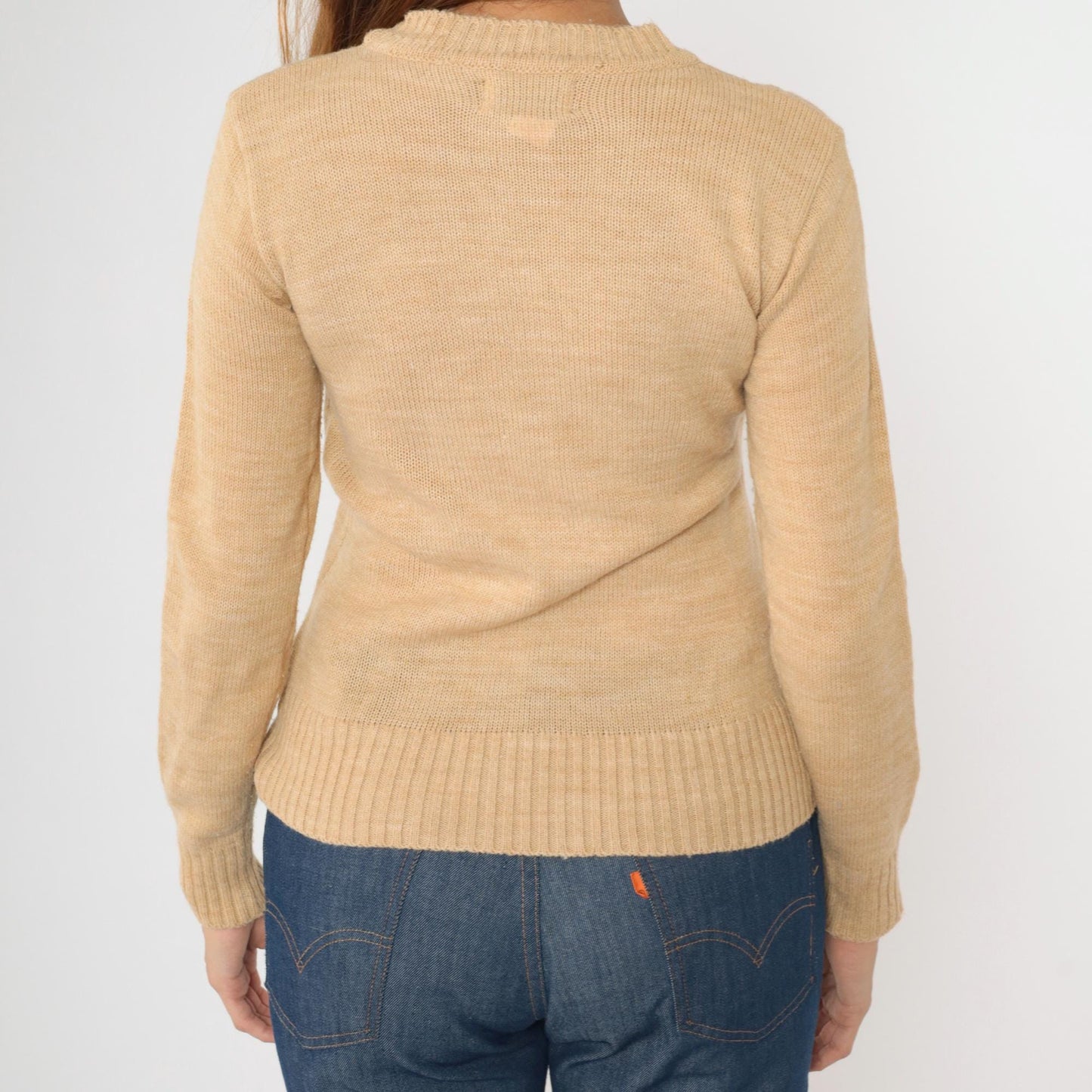 70s Tan Cable Knit Crewneck Pullover Sweater Small S