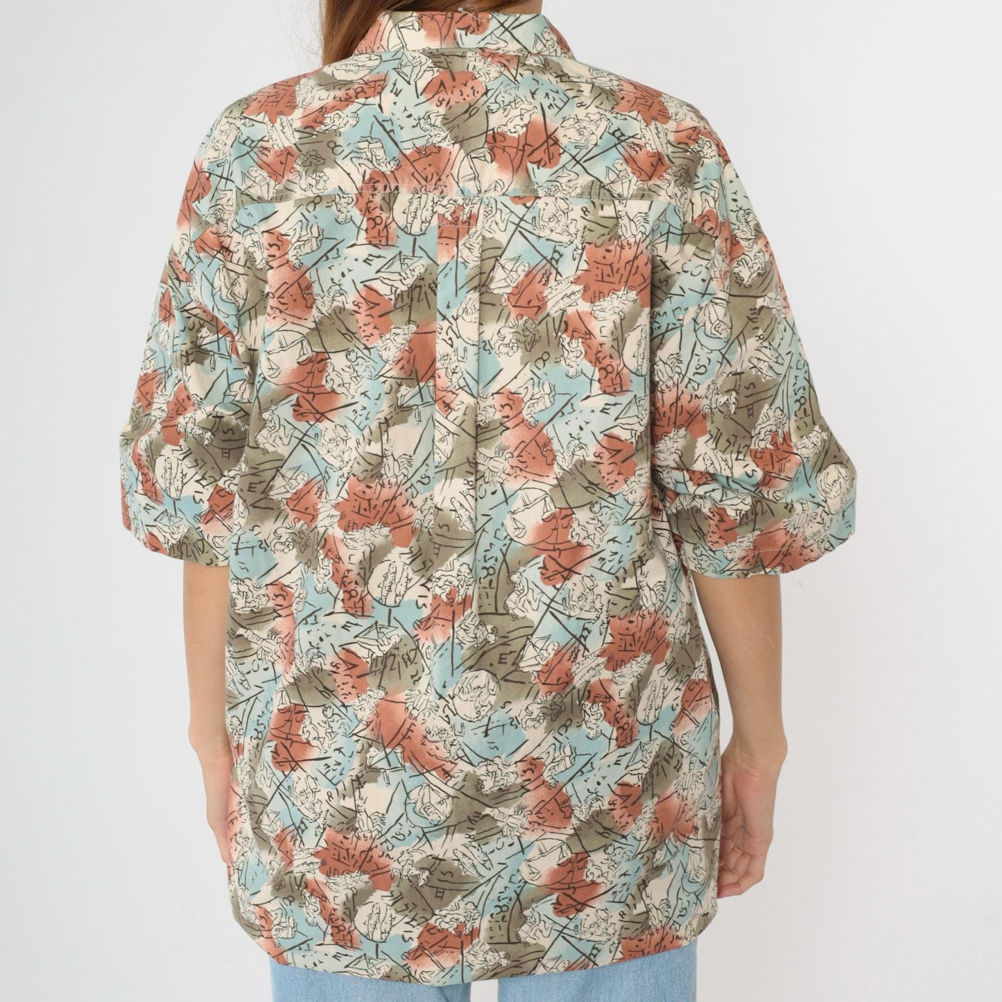 90s Dockers Zodiac Print Button Up Shirt Olive Green Blue Cotton Large L
