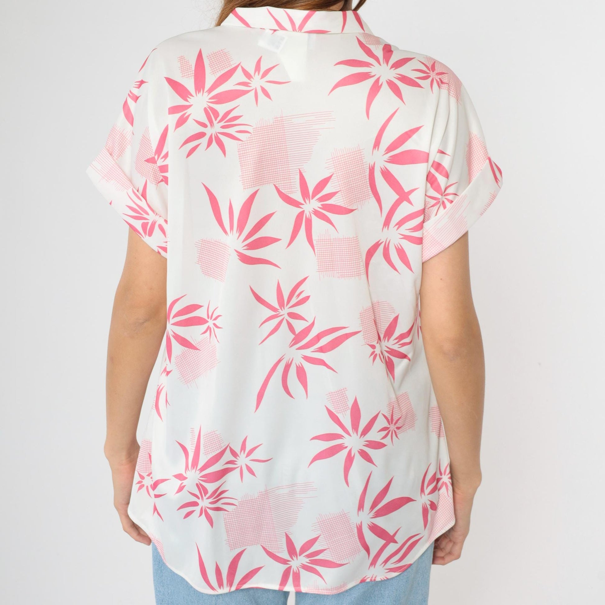 80s Aimee of California Hawaiian Shirt White Pink Tropical Print V-Neck Large L