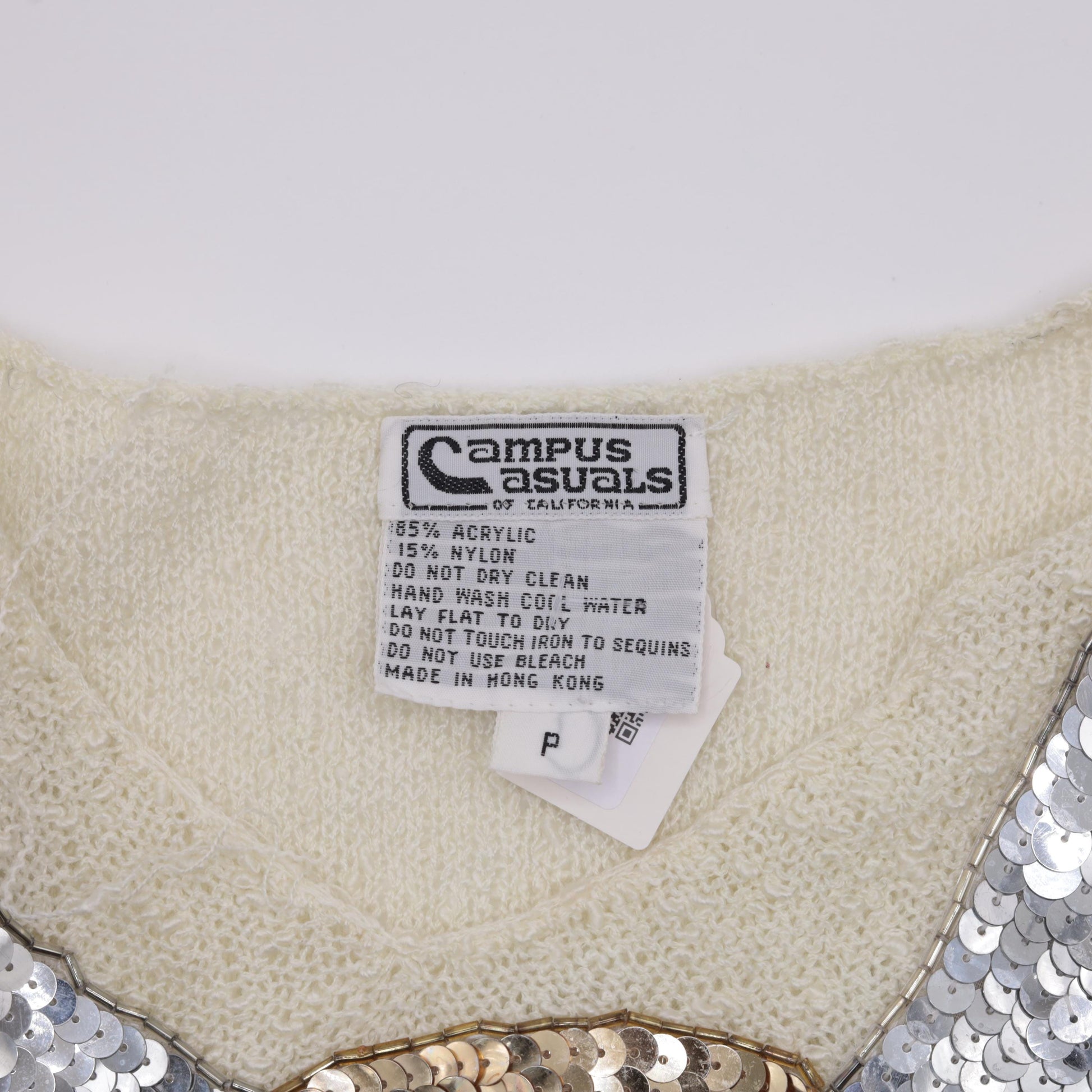 80s Sequin Bird Sweater Off-White V-Neck Beaded Metallic Pullover Small