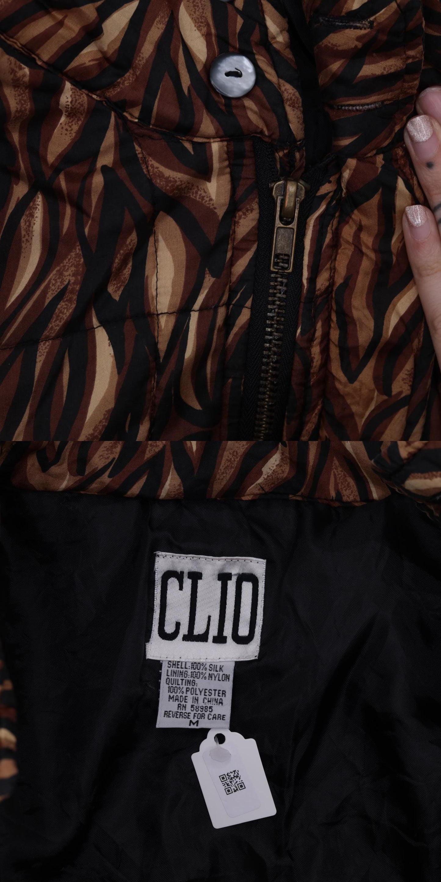 90s Clio Silk Puffer Jacket Abstract Animal Print Brown Medium