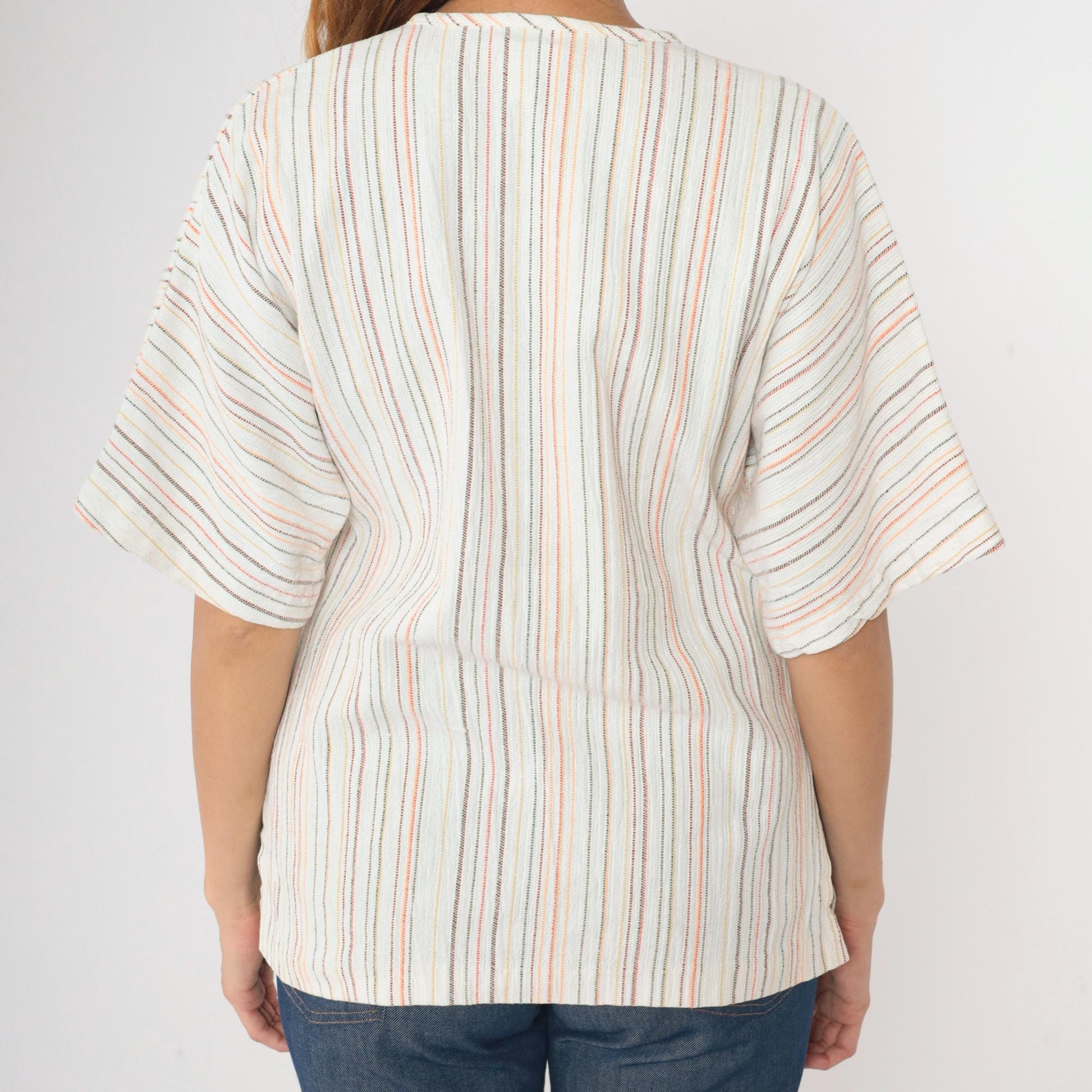 70s Striped Tunic Top White Keyhole Tie Neck Short Sleeve Small