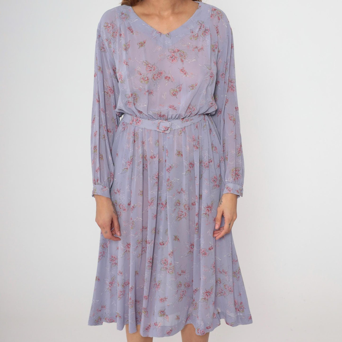 80s Lavender Floral Midi Dress High Waist Long Sleeve V-Neck Small Medium