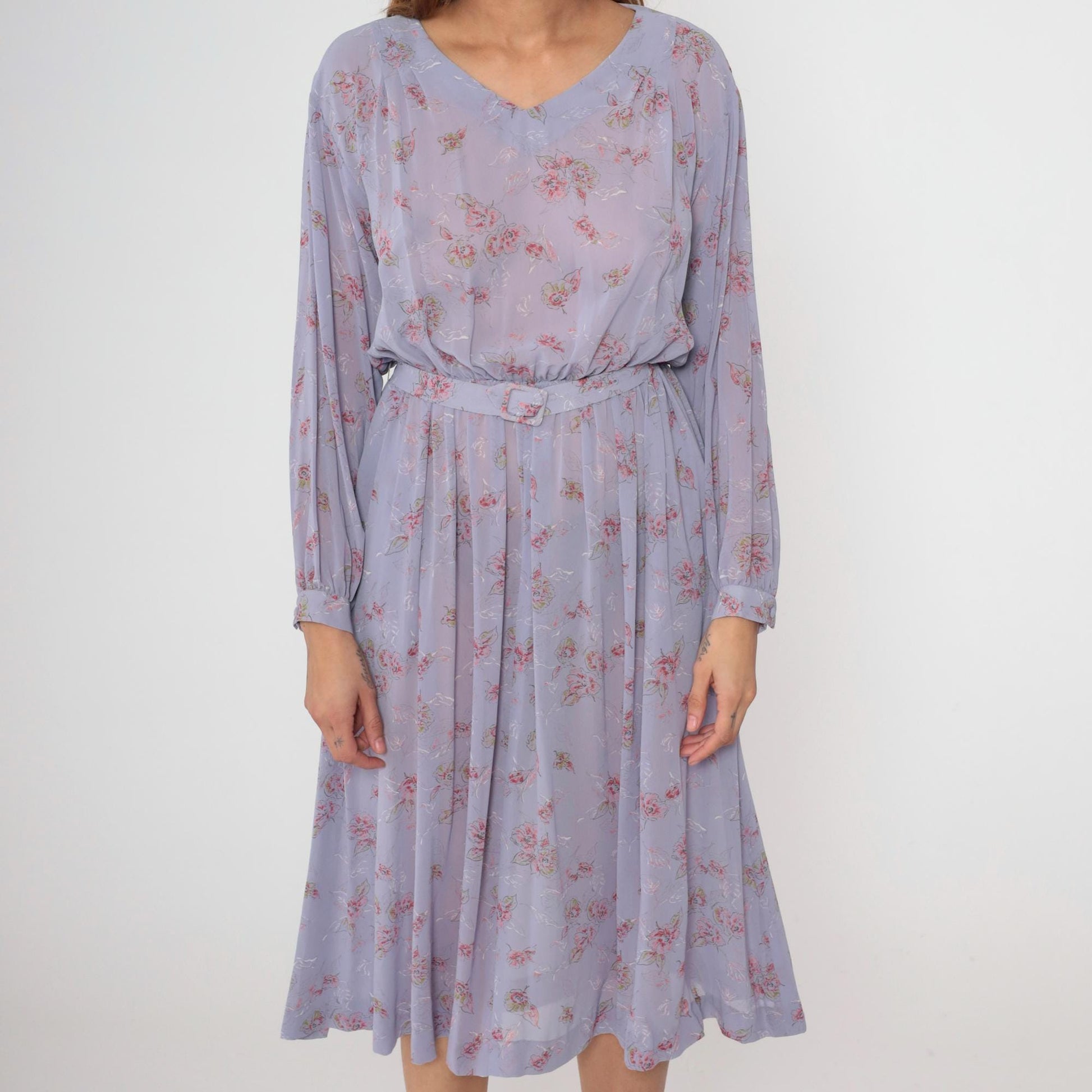 80s Lavender Floral Midi Dress High Waist Long Sleeve V-Neck Small Medium