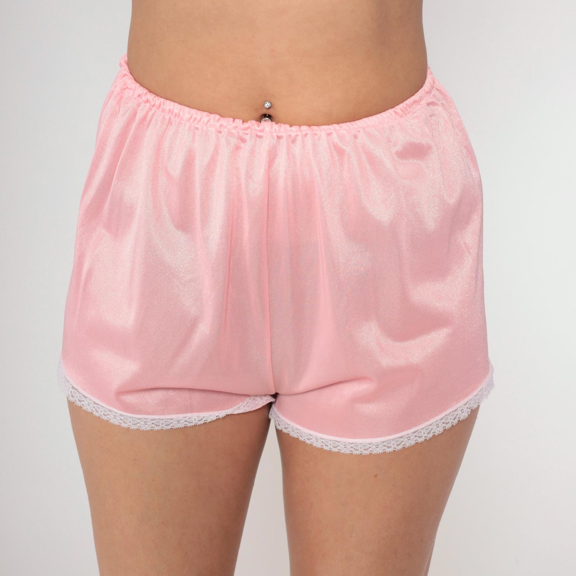 80s Pink Nylon Pajama Shorts Lace Trim Elastic Waist Small S