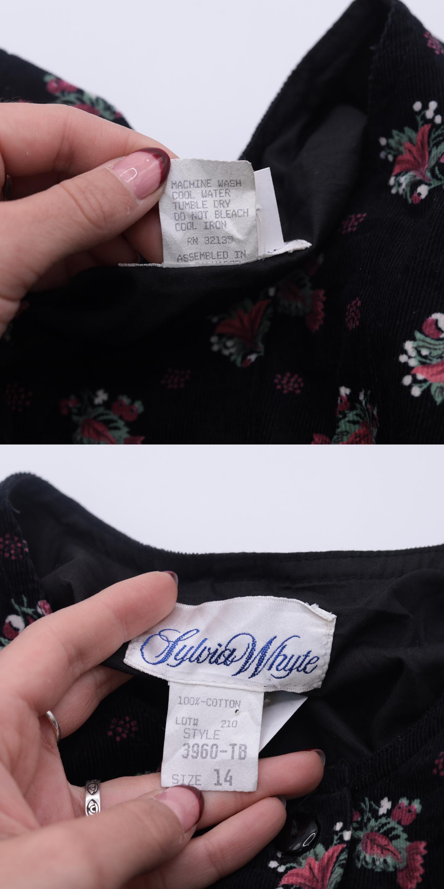 90s Black Corduroy Floral Button-Up Pinafore Midi Dress Extra Small