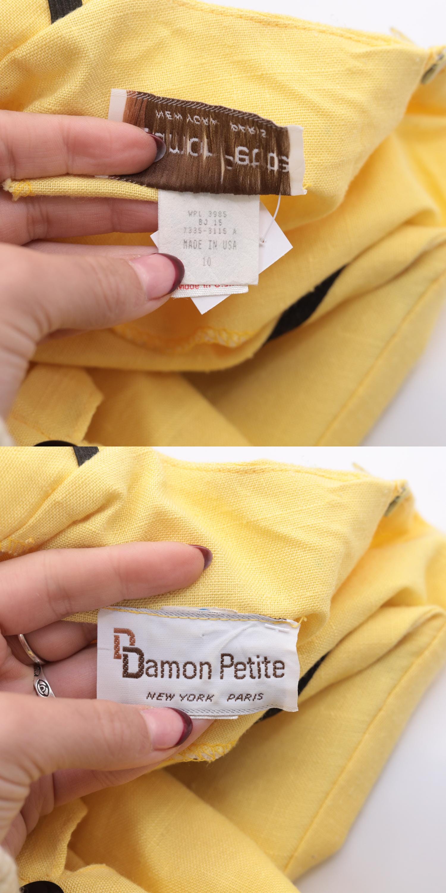 80s Damon Petite Yellow Midi Dress Double Breasted Button Front Black Trim Medium