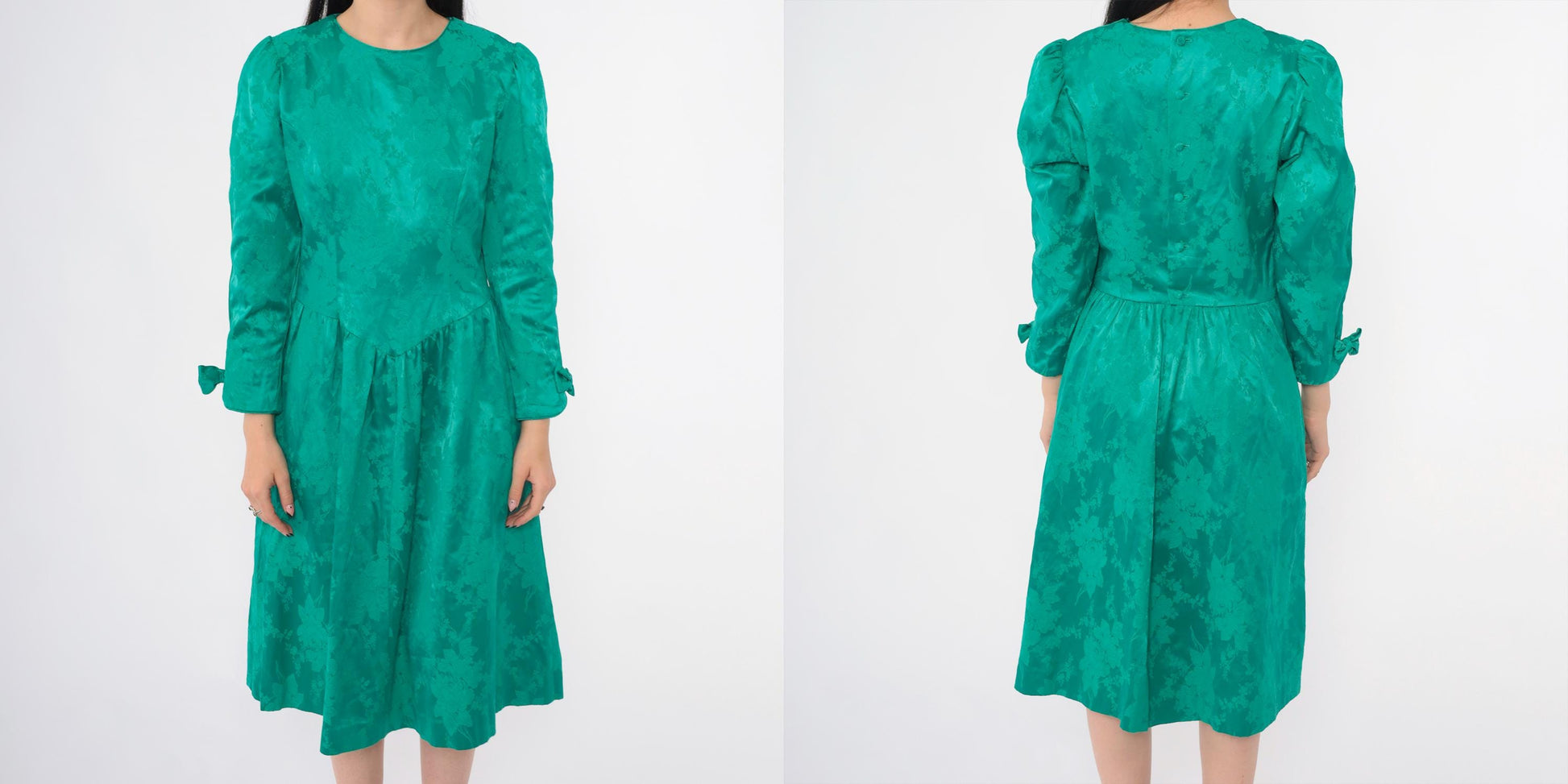 80s Lanz Originals Emerald Jacquard Midi Dress Puff Sleeve Bow Cuff Medium M