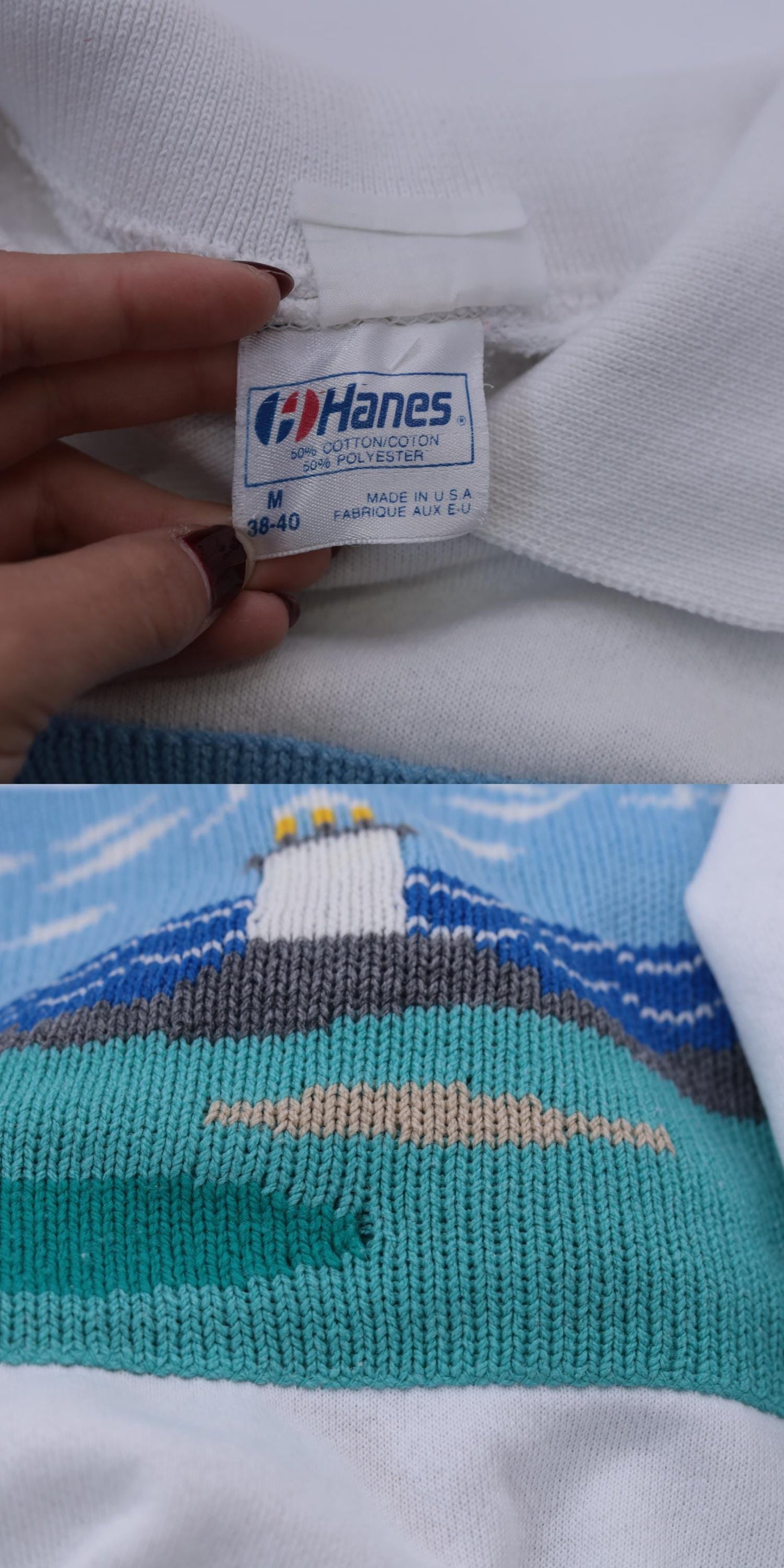 90s Hanes Golf Sweatshirt Lighthouse Scene Knit Panel White Small