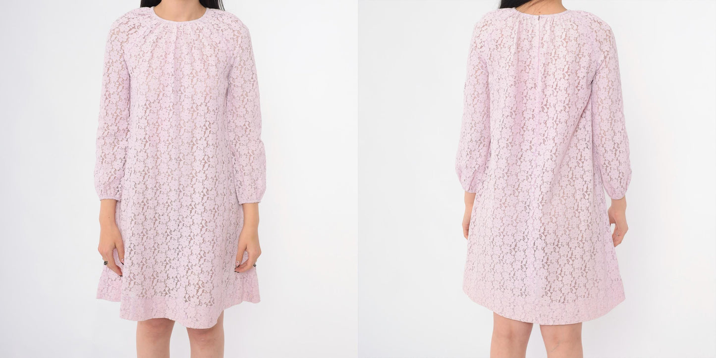 60s Lavender Lace Mini Dress Long Sleeve Shift Party Dress Small S