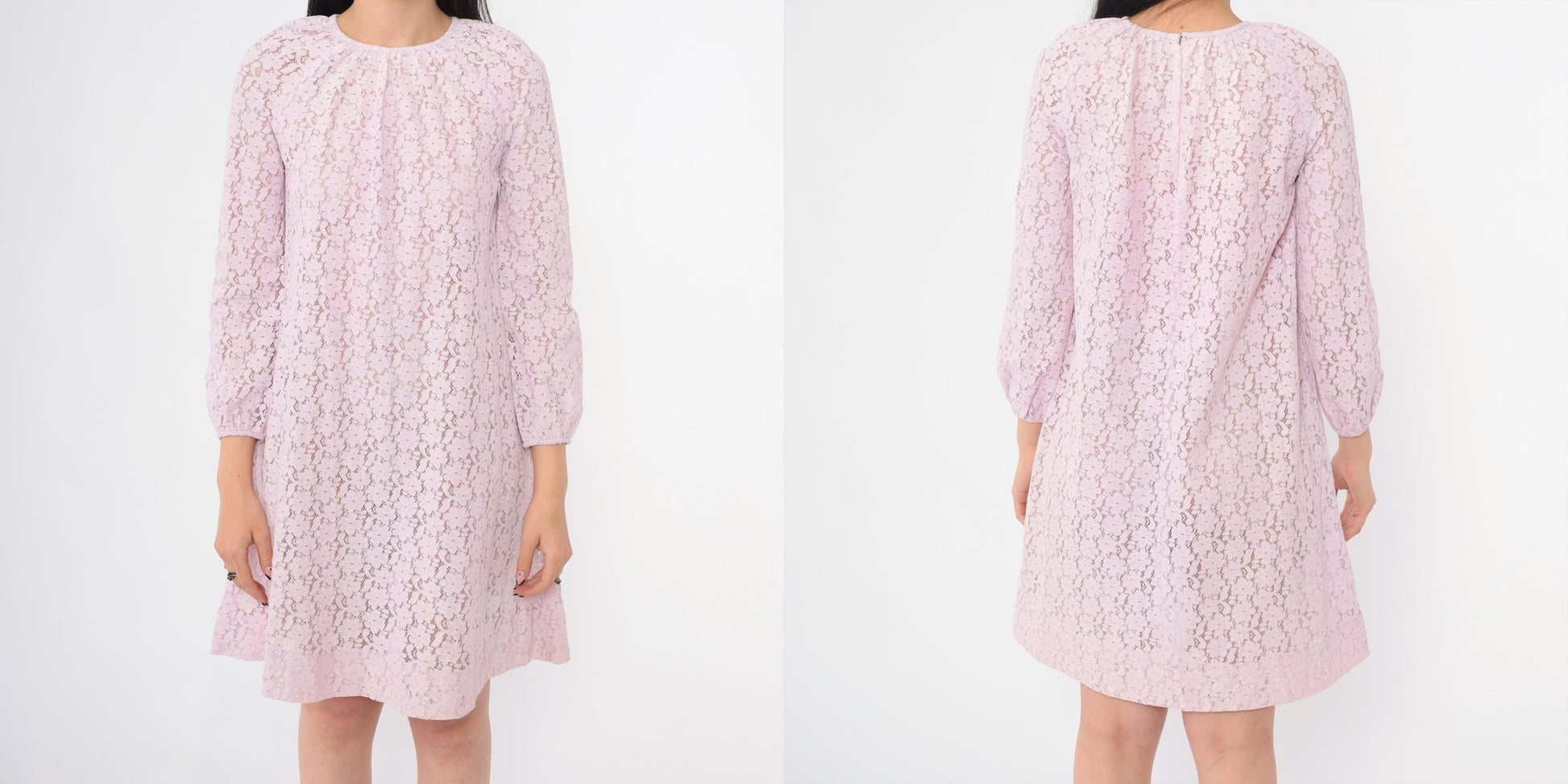 60s Lavender Lace Mini Dress Long Sleeve Shift Party Dress Small S