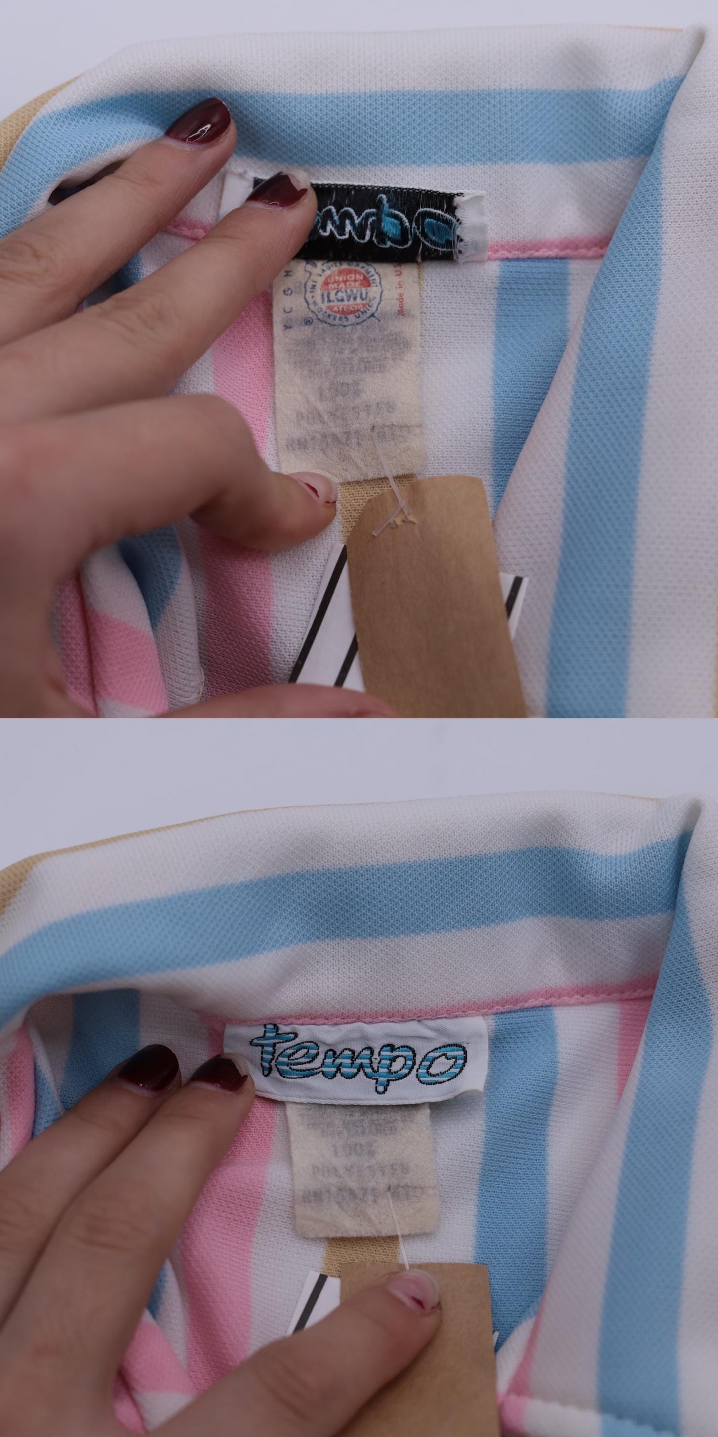 70s Pastel Striped Button-Up Blouse White Pink Blue Long Sleeve Small