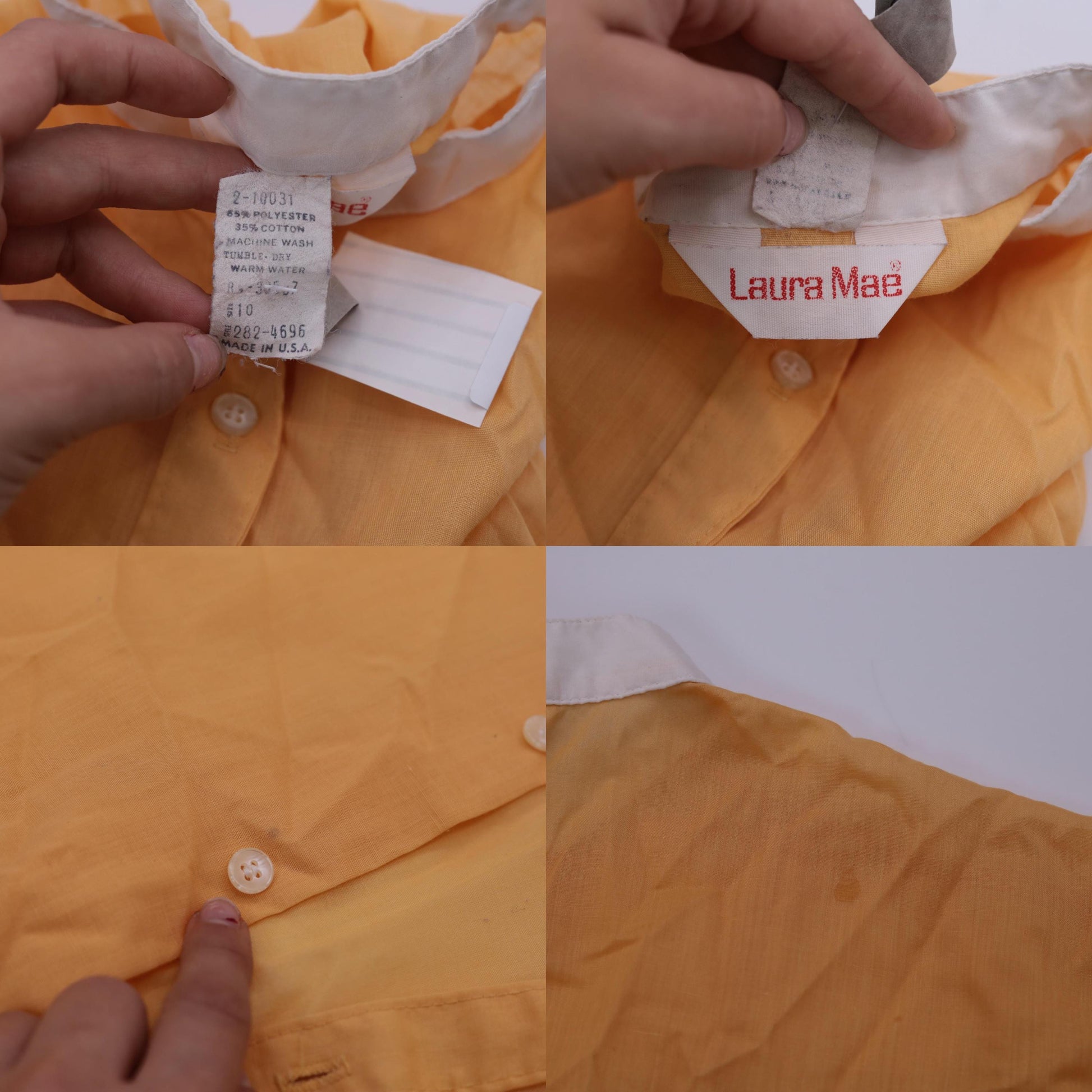 80s Laura Mae Light Orange Mandarin Collar Button-Up Blouse Short Sleeve Small