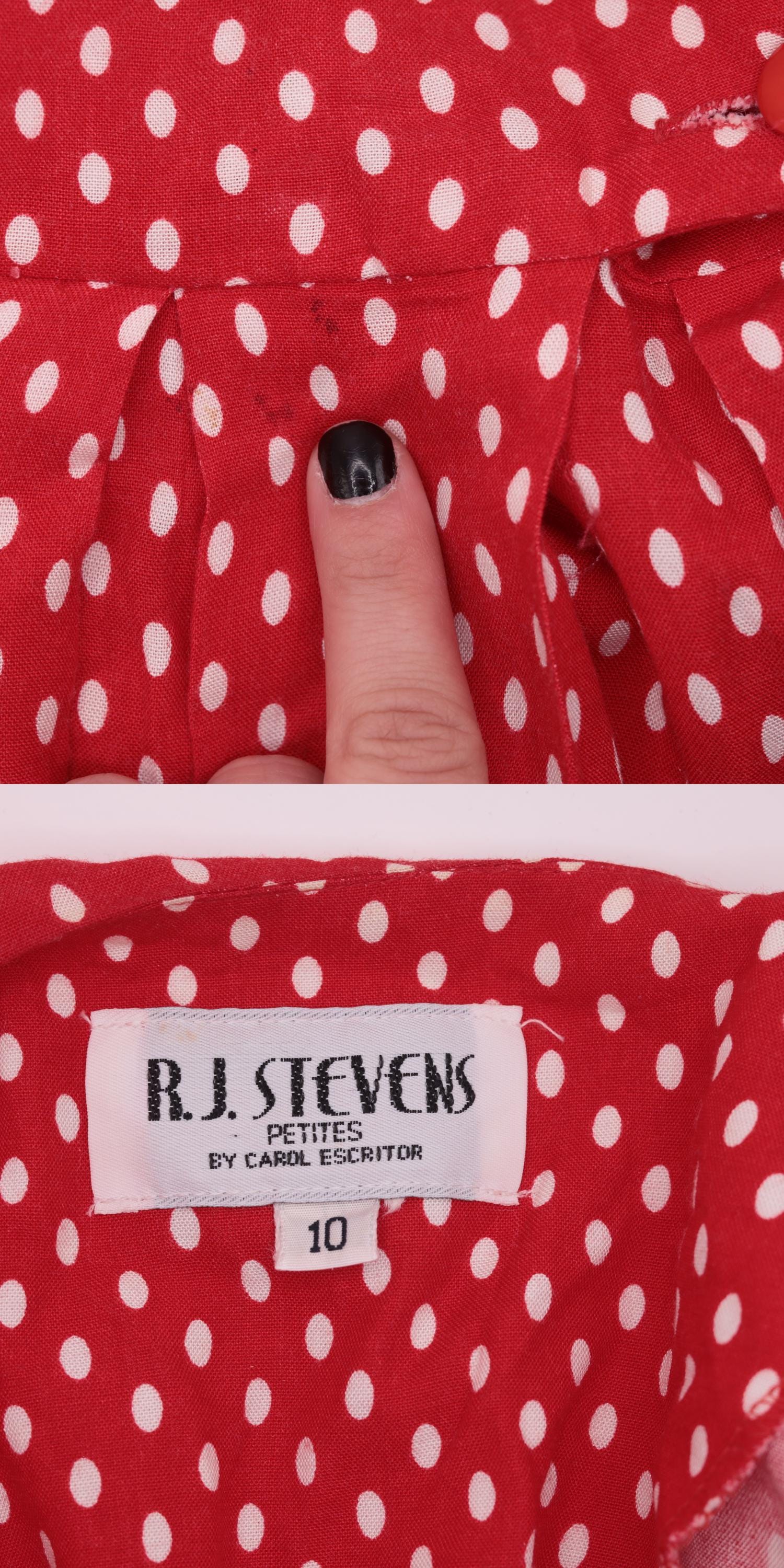 80s Red Polka Dot Midi Dress Deep V Puff Sleeve Pleated Small