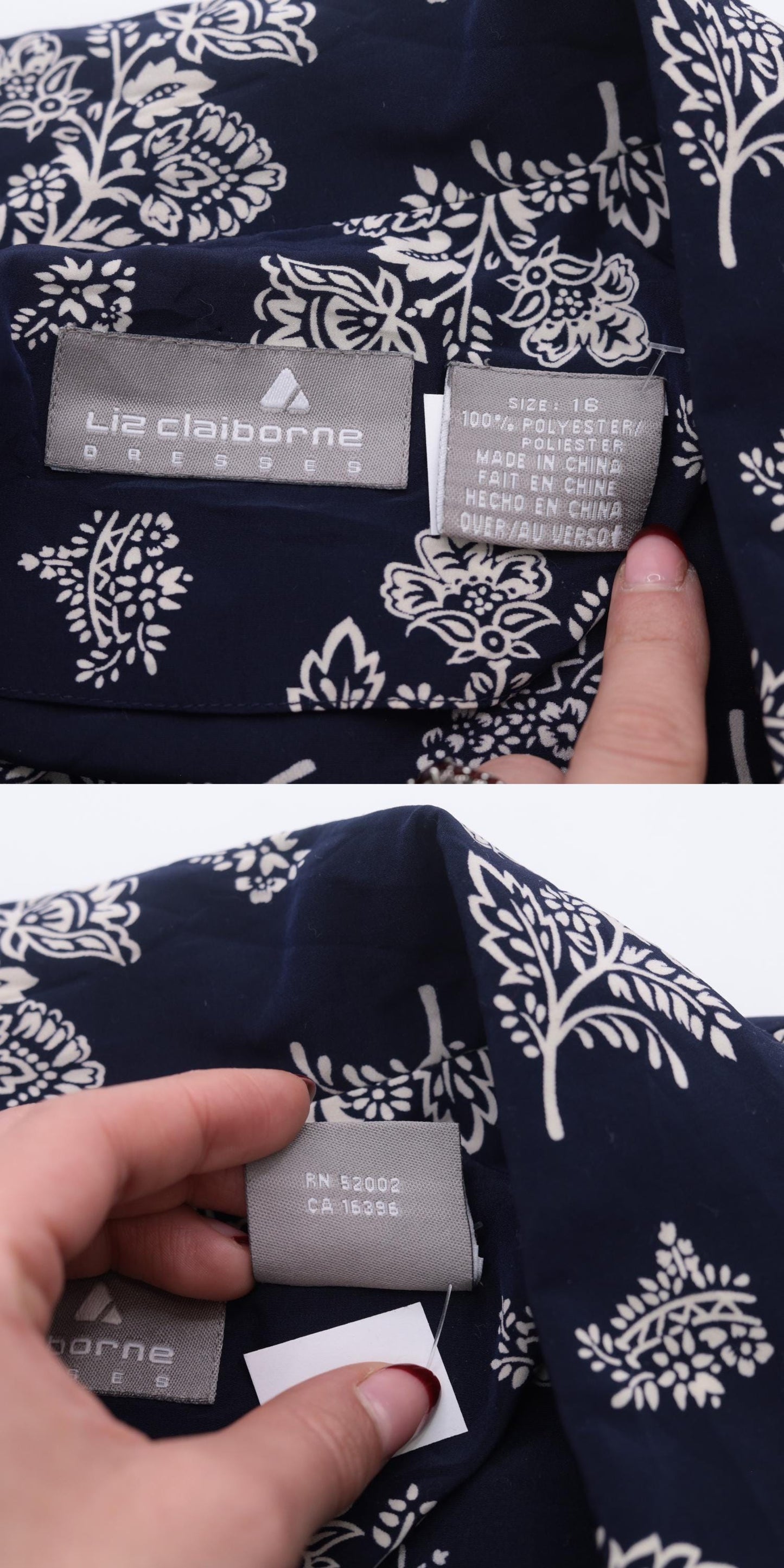 80s Liz Claiborne Navy Floral Midi Dress Drop Waist Button Front Extra Large