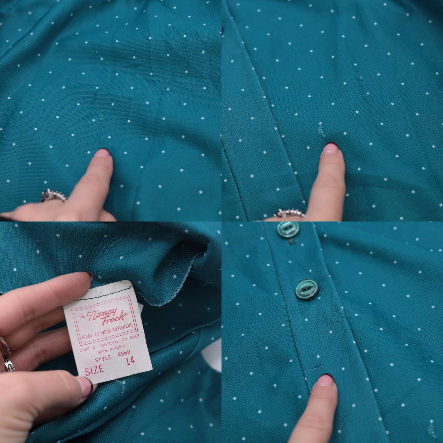 70s Nancy Frock Floral Polka Dot Shift Dress Teal Midi Collared Medium