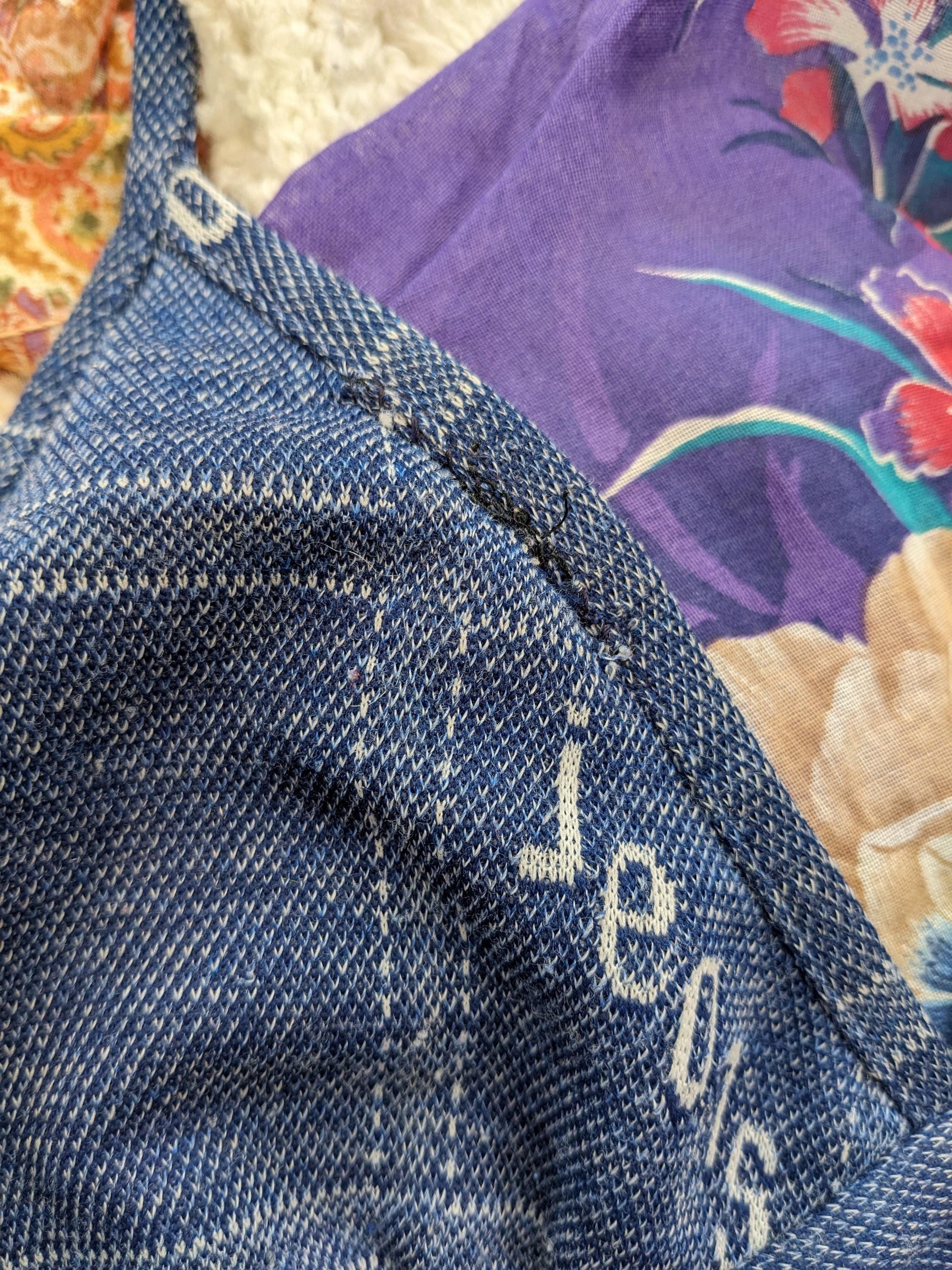 70s Blue Halter Triangle Bikini Top Jeans Print Medium