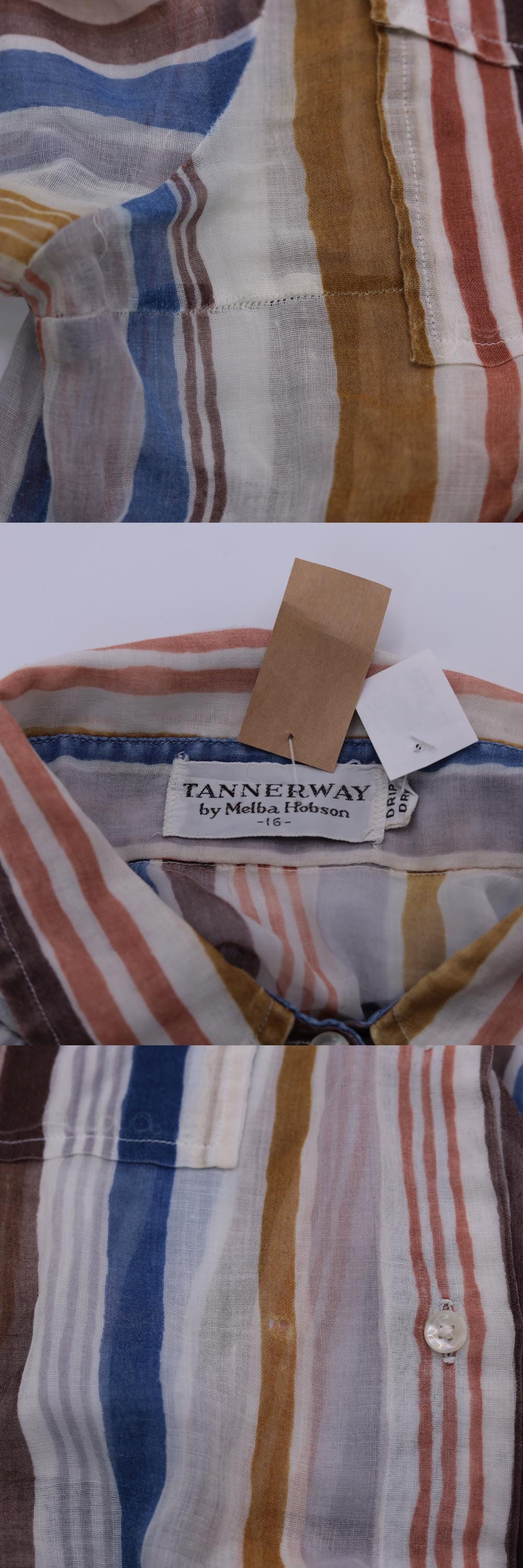 70s Tannerway Striped Button Up Shirt Sheer Earth Tone Long Sleeve Large