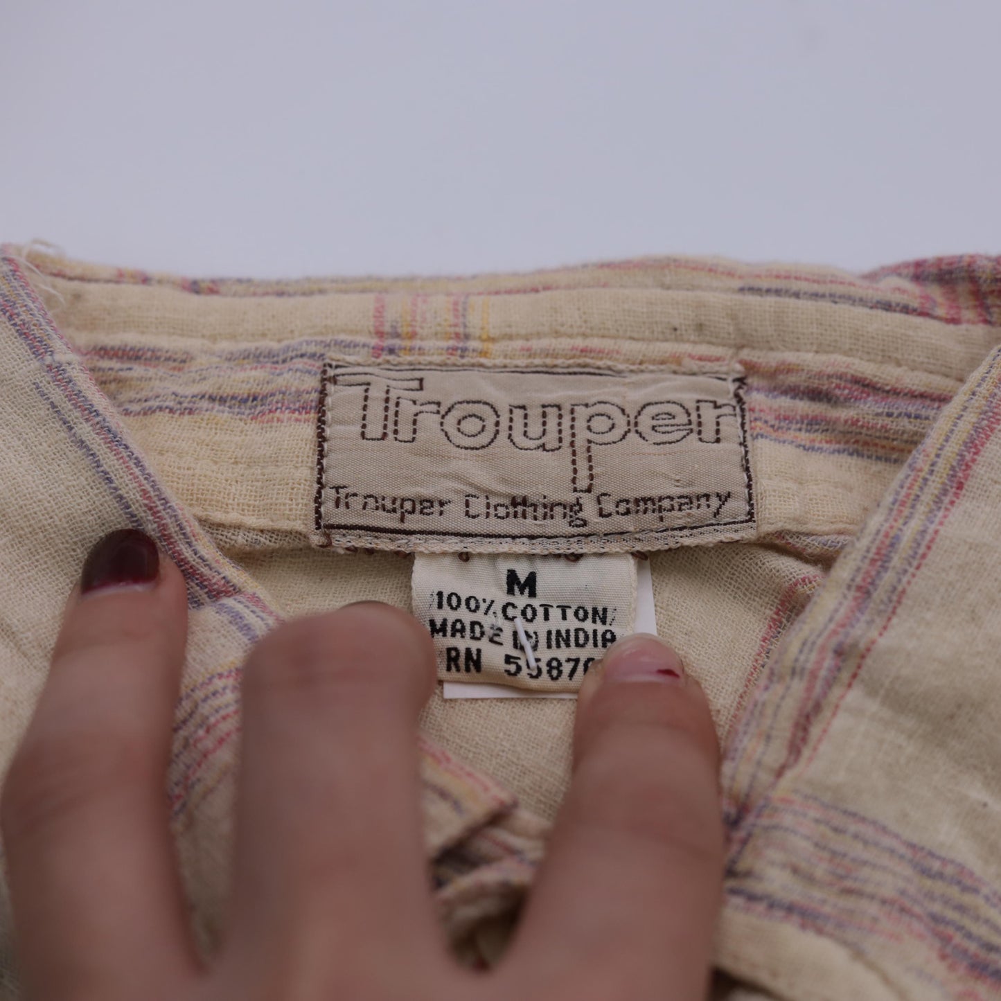 70s Trouper Gauze Plaid Shirt Cream Pointed Collar Button Up Medium