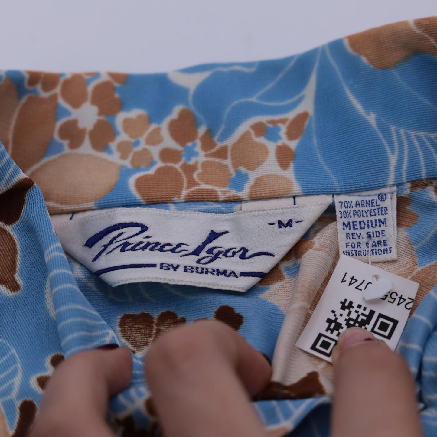 70s Prince Igor Floral Button-Up Shirt Blue Brown Tan Dagger Collar Medium