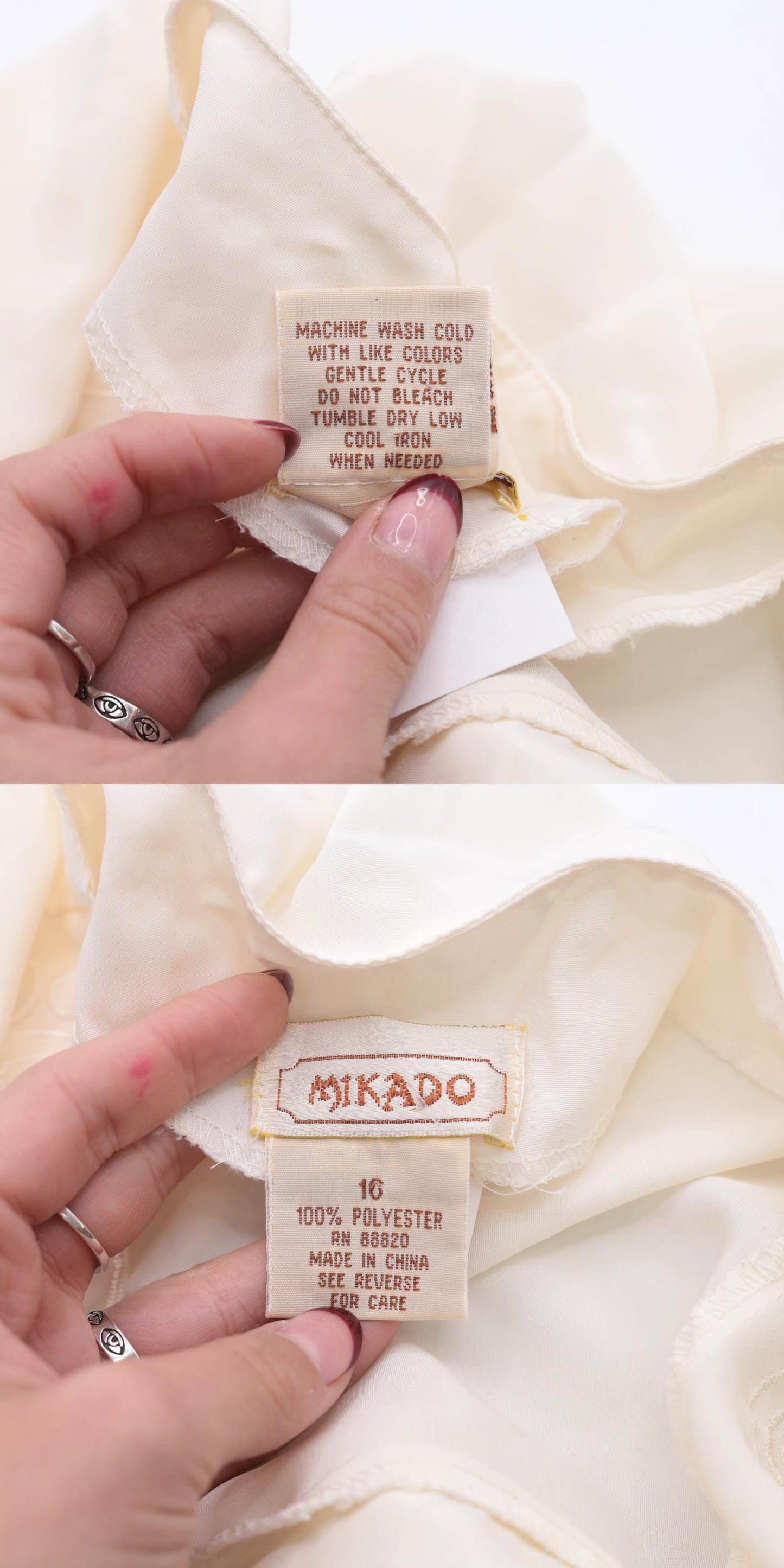 90s Mikado Ivory Embroidered Blouse Bird Motif Scalloped Long Sleeve Large L