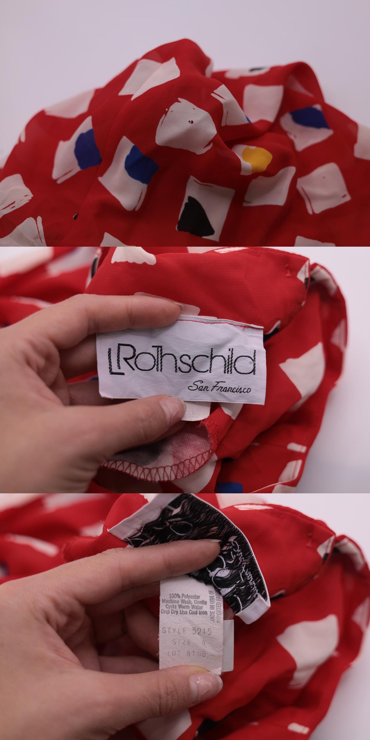 80s L Rothschild Red Abstract Geometric Midi Dress Puff Sleeve Medium