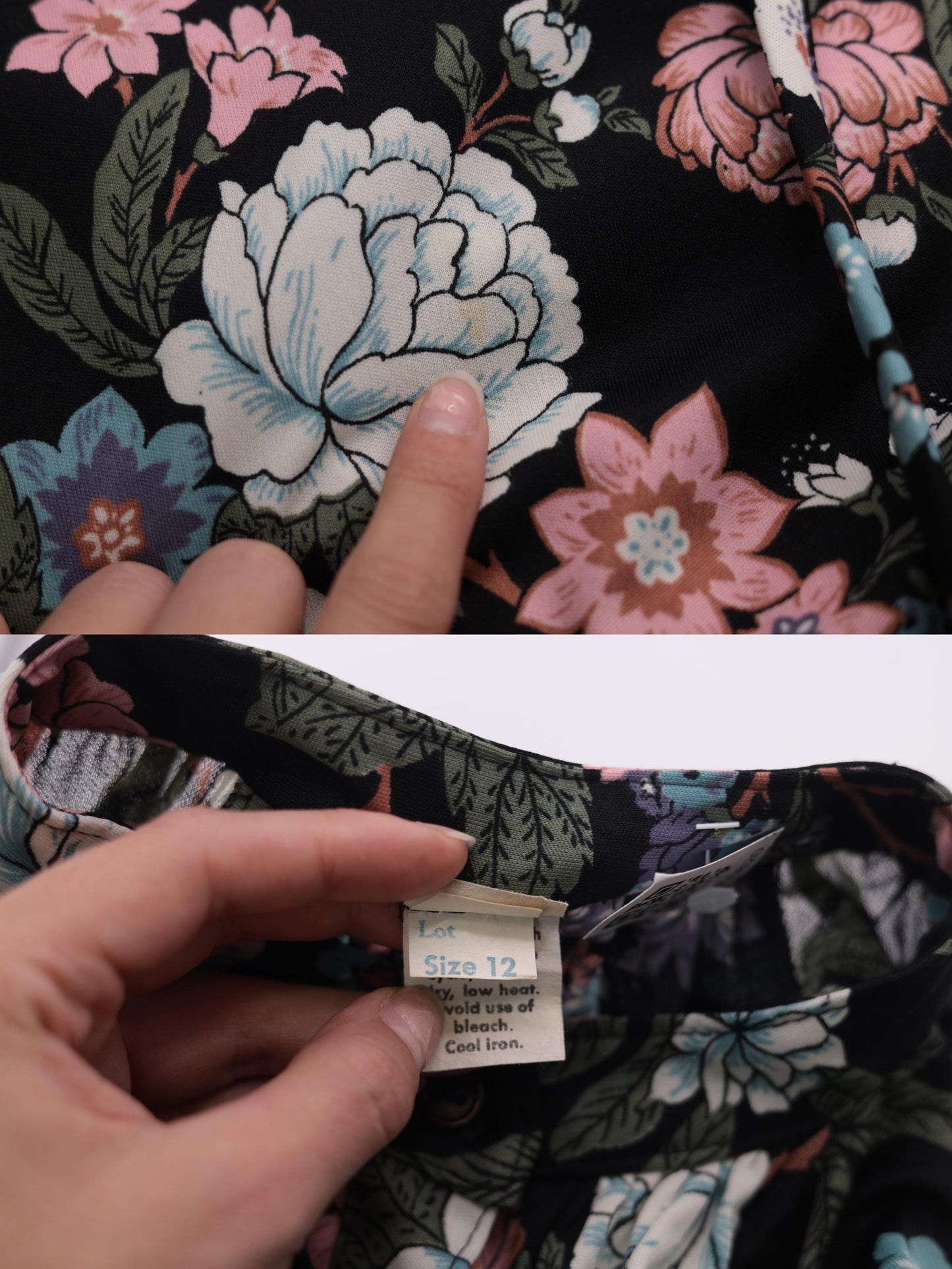70s Black Floral Midi Dress 3/4 Sleeve Drawstring Waist Button Up Medium