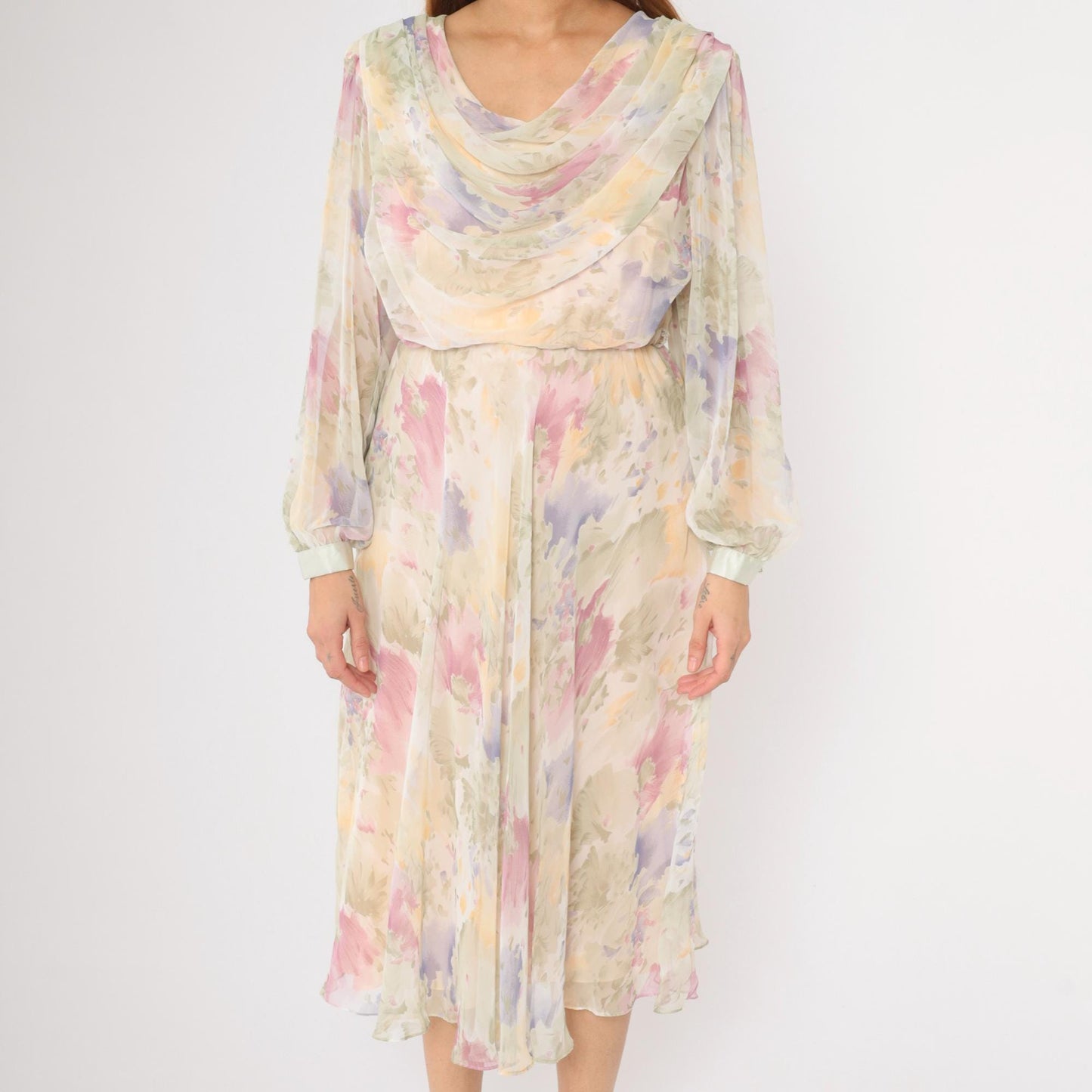 80s Ursula Pastel Watercolor Floral Chiffon Midi Dress Cowl Neck Medium