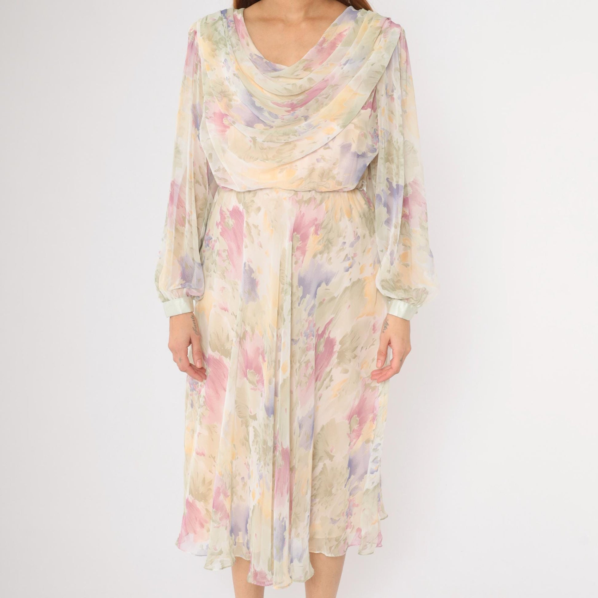 80s Ursula Pastel Watercolor Floral Chiffon Midi Dress Cowl Neck Medium