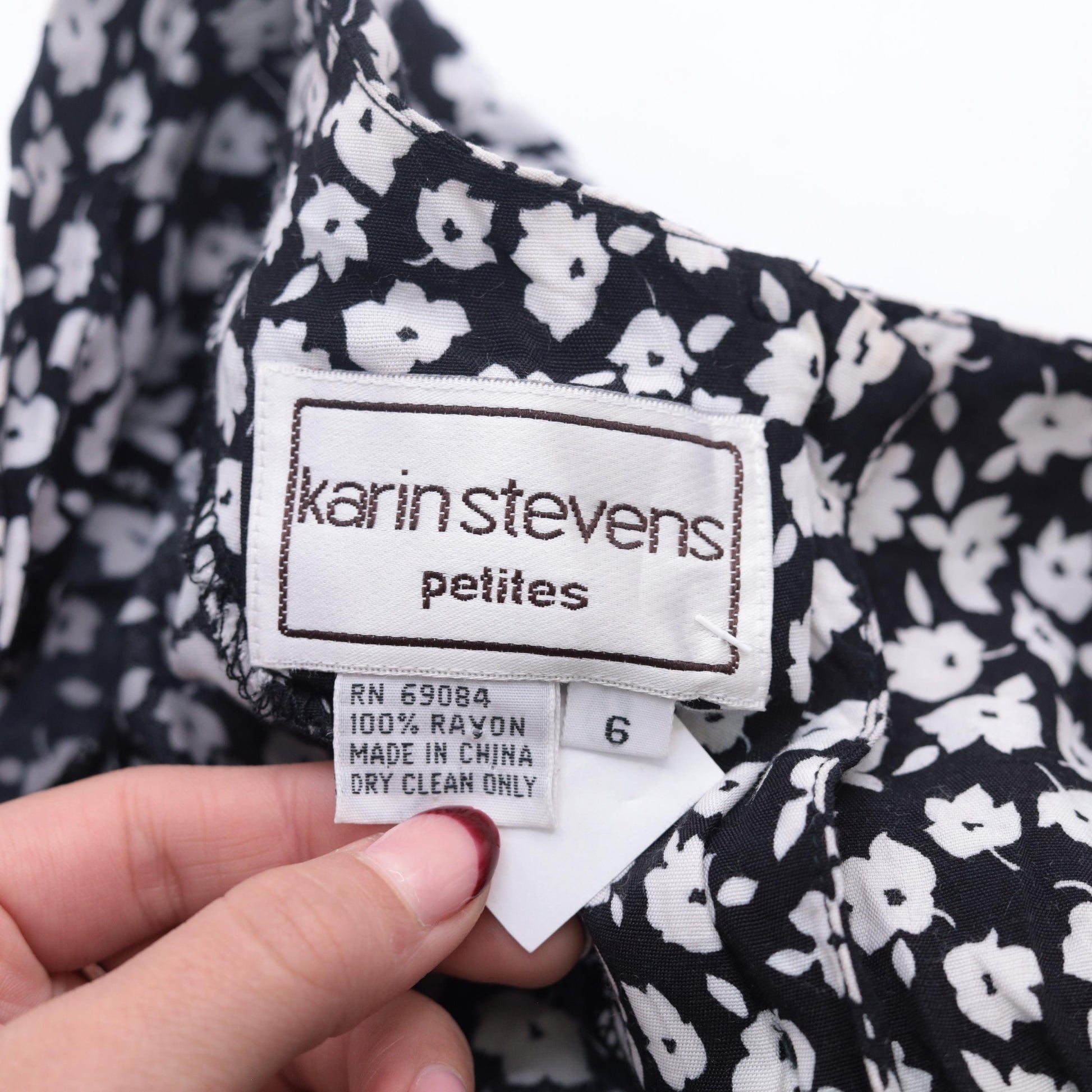 90s Karin Stevens Black Floral Midi Dress Puff Sleeve Lace V-Neck Small