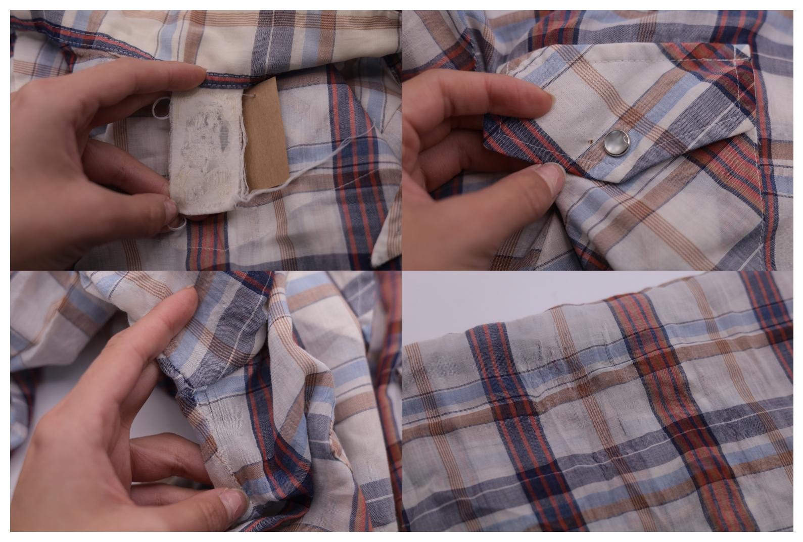 70s Western Pearl Snap Shirt Plaid White Red Blue Dagger Collar Men's Small