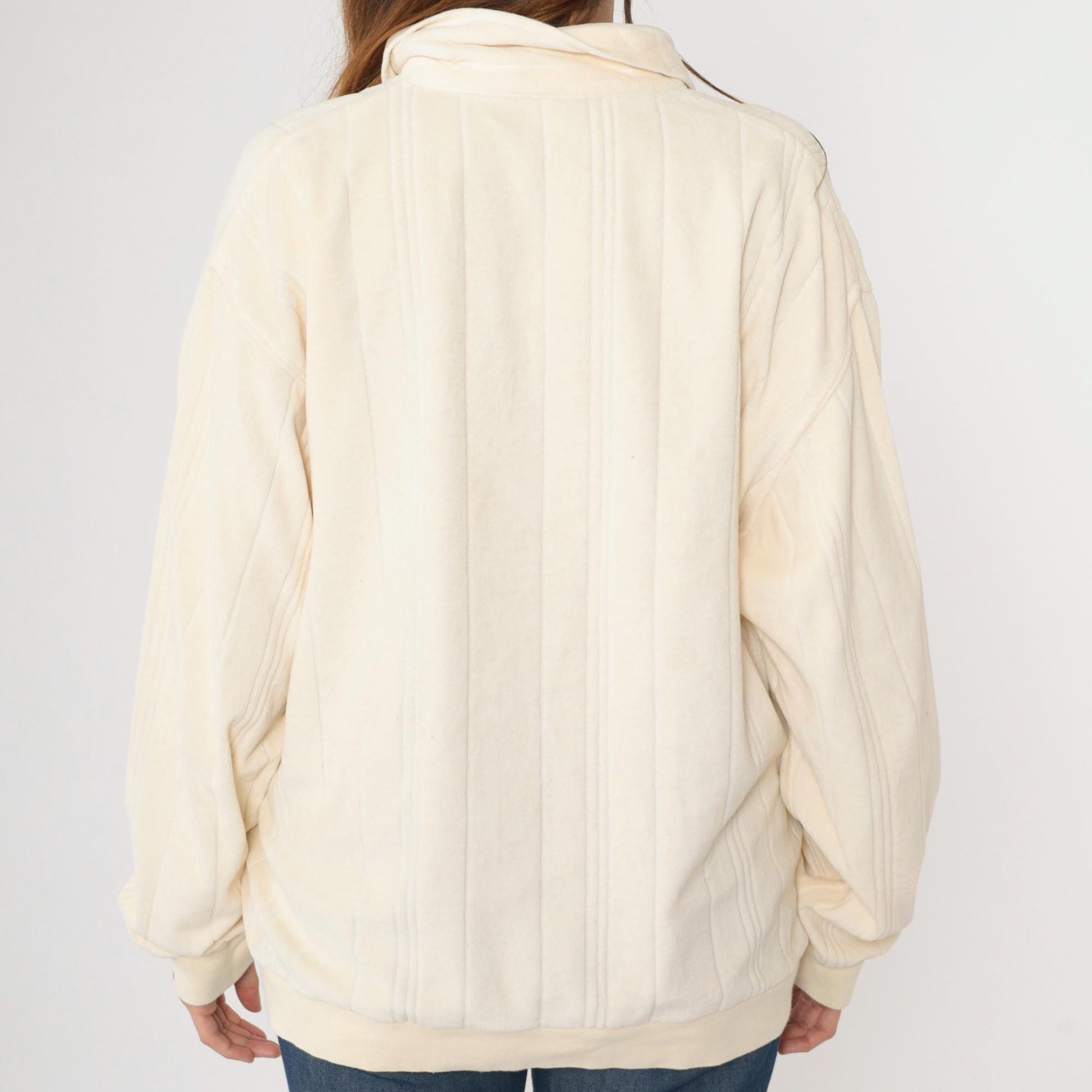 80s Cream Velour Polo Sweatshirt Collared Button-Up Long Sleeve Extra Large