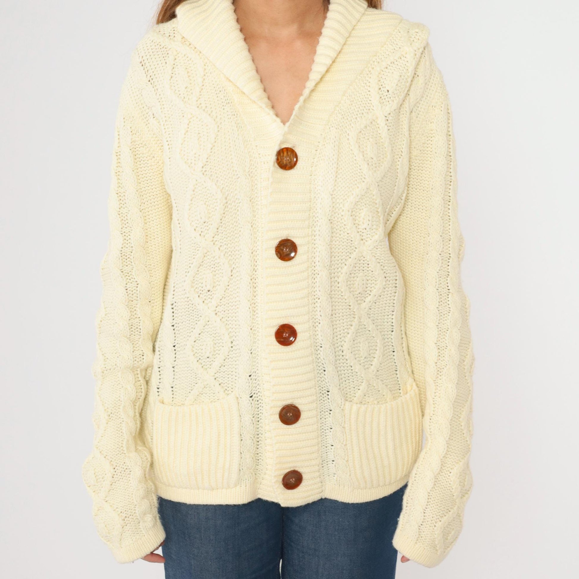 70s Richman Brothers Cable Knit Cardigan Cream Shawl Collar Medium