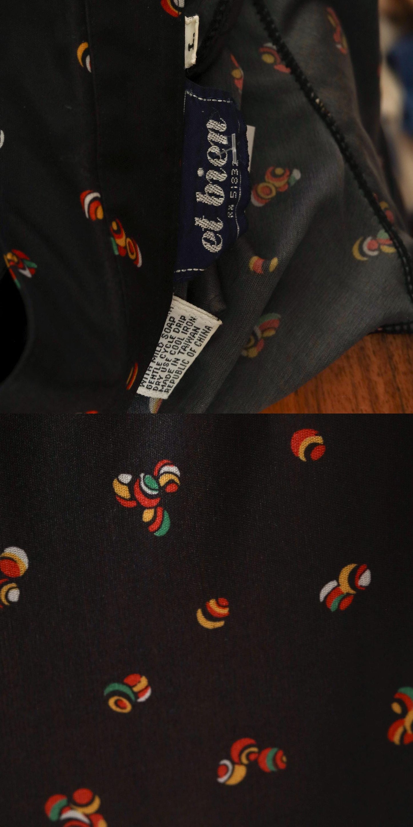 70s Black Abstract Sphere Print Button Down Blouse Long Sleeve Pointed Collar Medium
