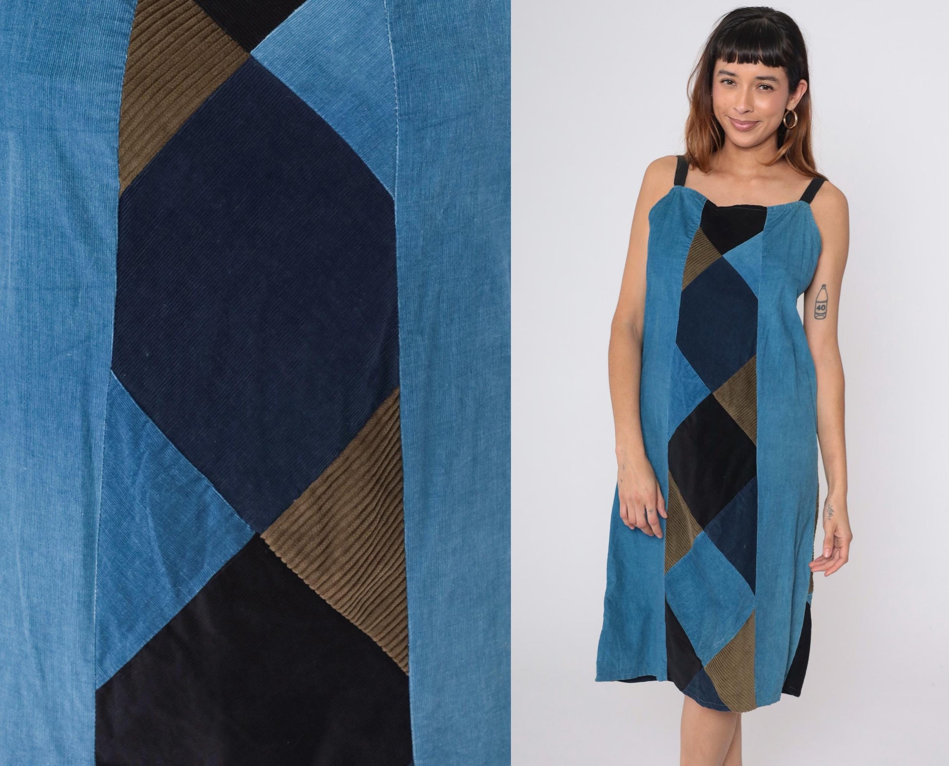 90s Blue Patchwork Corduroy Midi Dress Sleeveless Lace-Up Back Medium