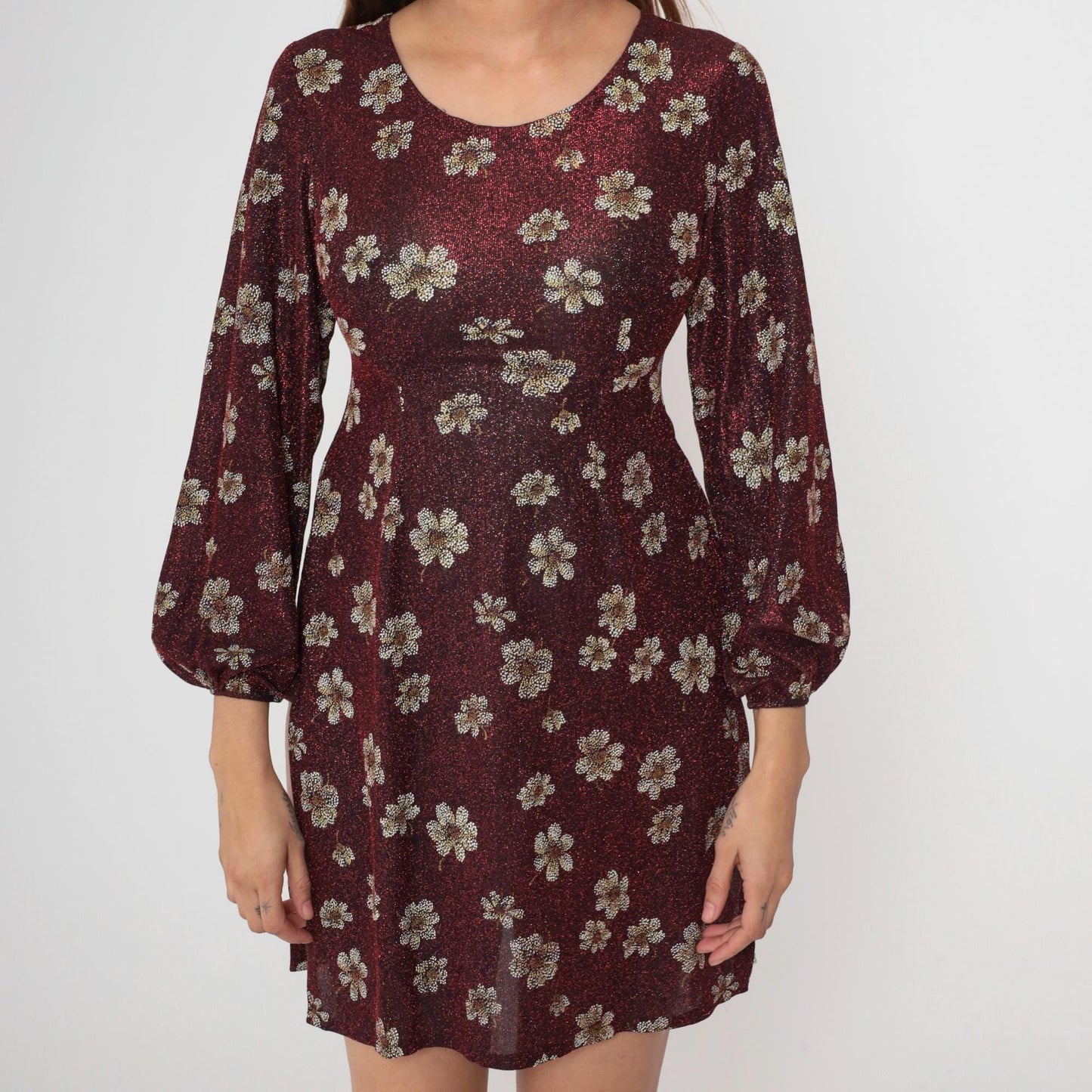 90s Metallic Floral Red Mini Dress High Slit Balloon Sleeve Extra Small