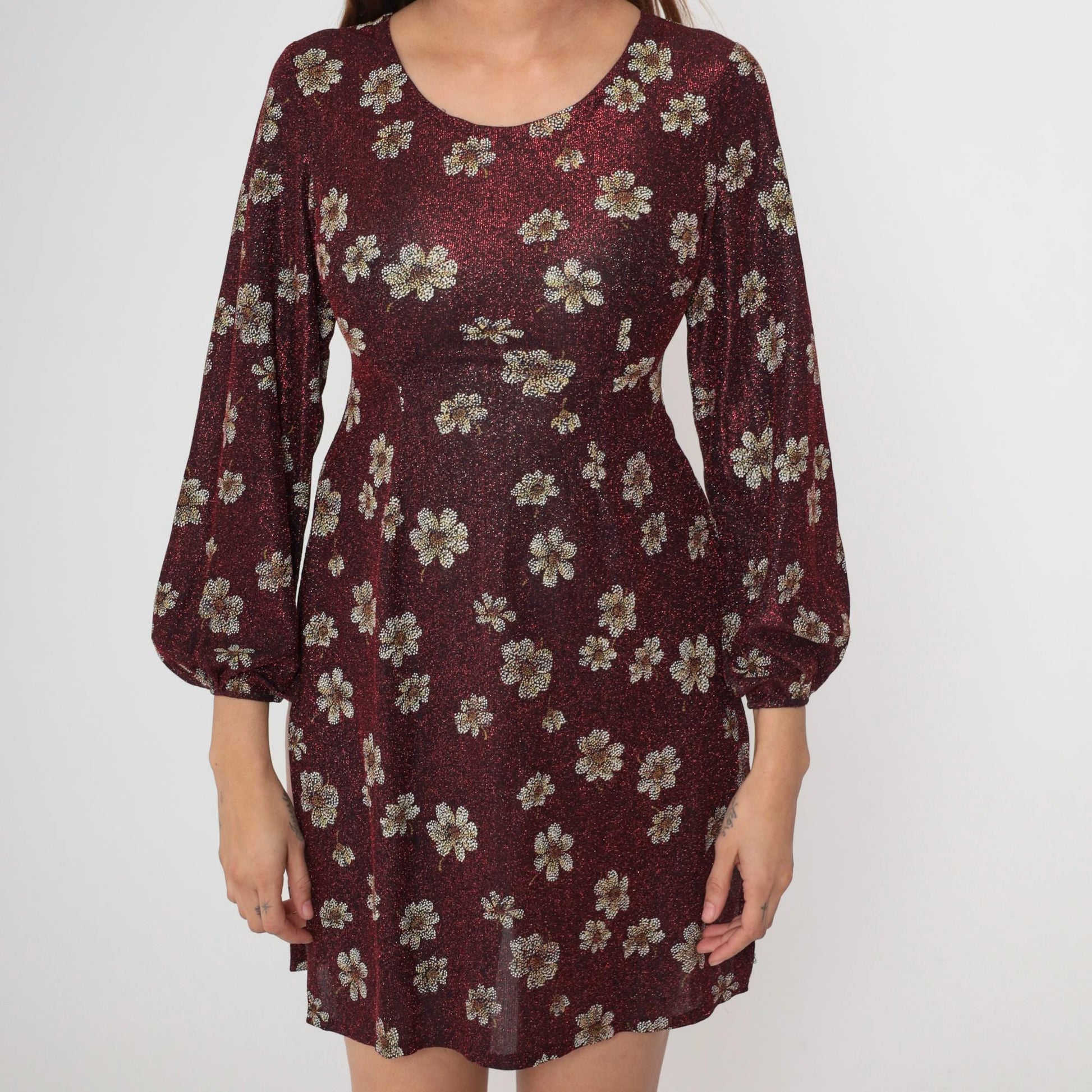 90s Metallic Floral Red Mini Dress High Slit Balloon Sleeve Extra Small