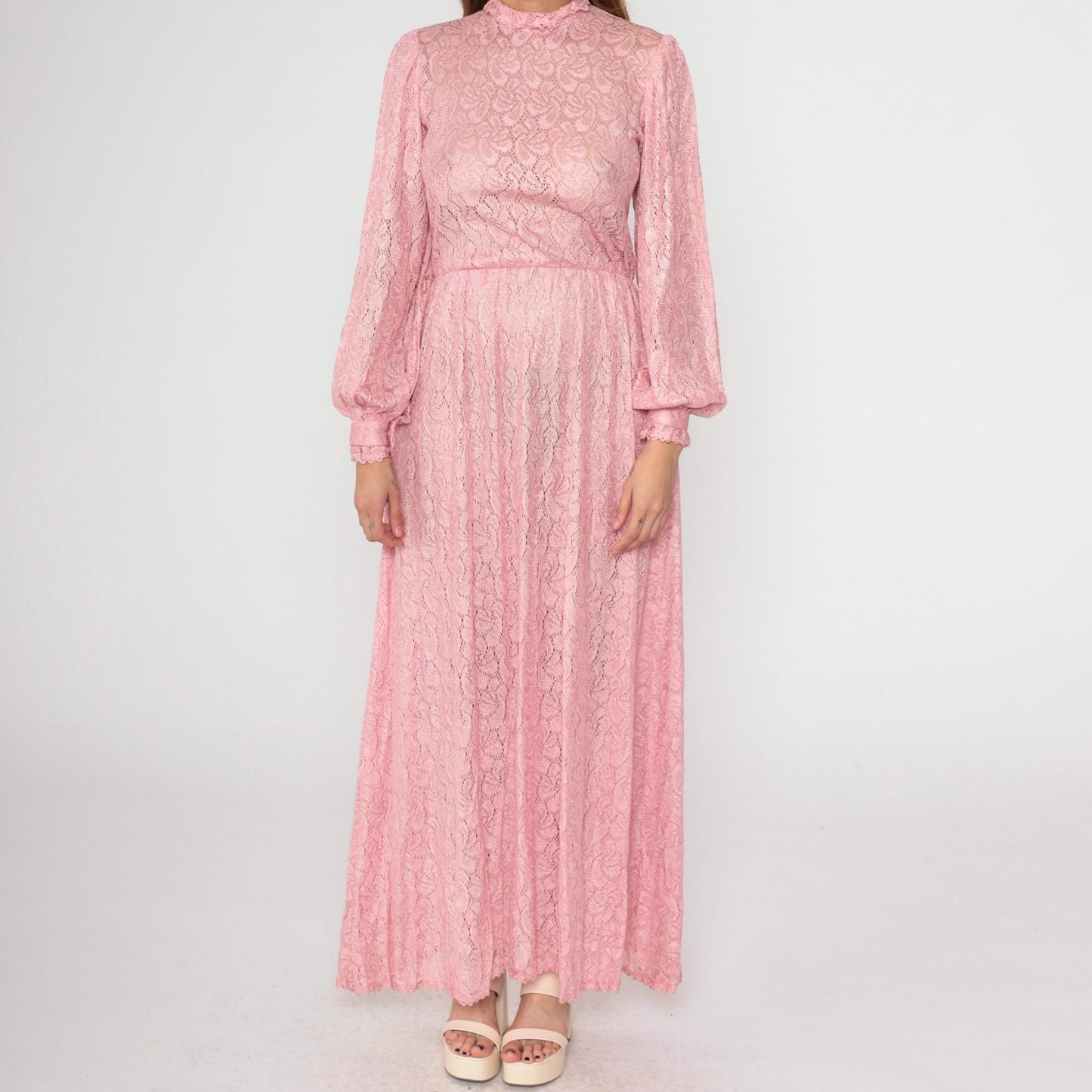 70s Pink Lace Maxi Dress Bishop Sleeve High Waist Button Back Small Medium